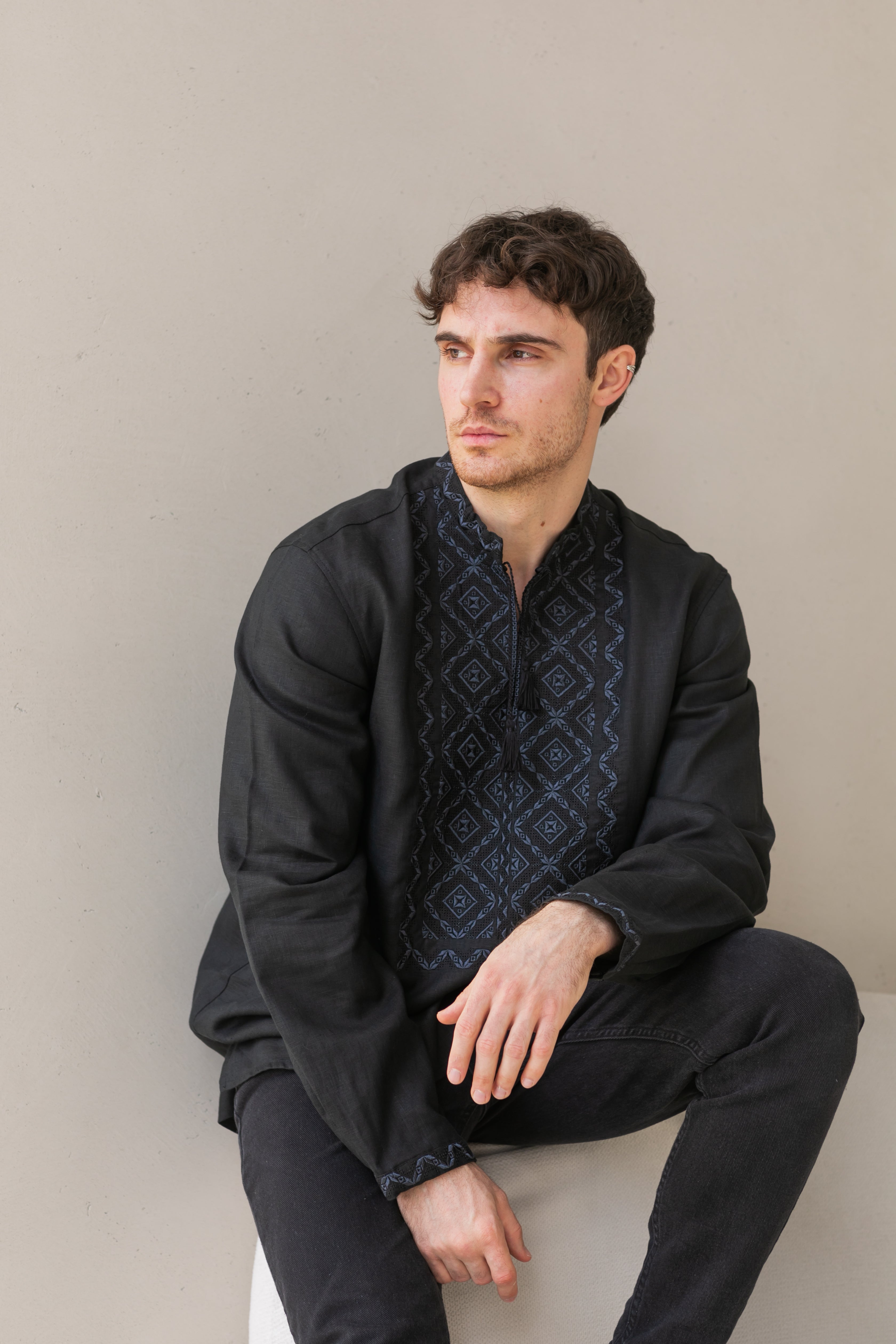 Black on grey Embroidered Men shirt