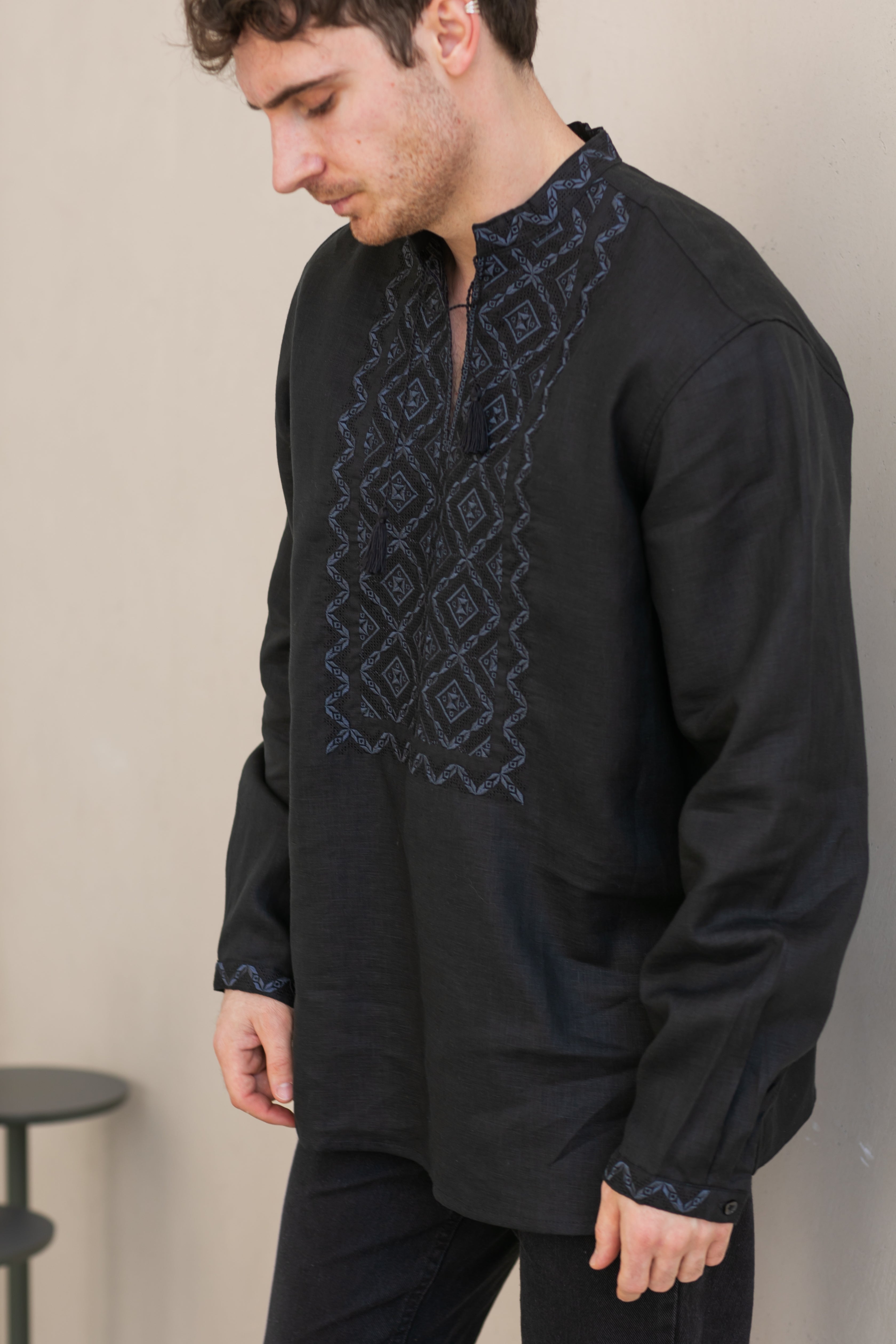 Black Linen Embroidered Vyshyvanka Shirt for Men Gray on black