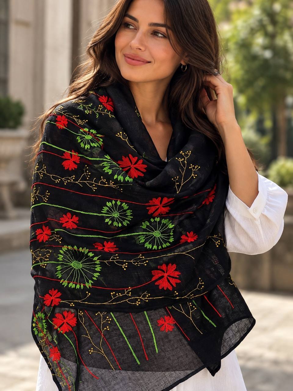 Embroidered Black Slavic Shawl