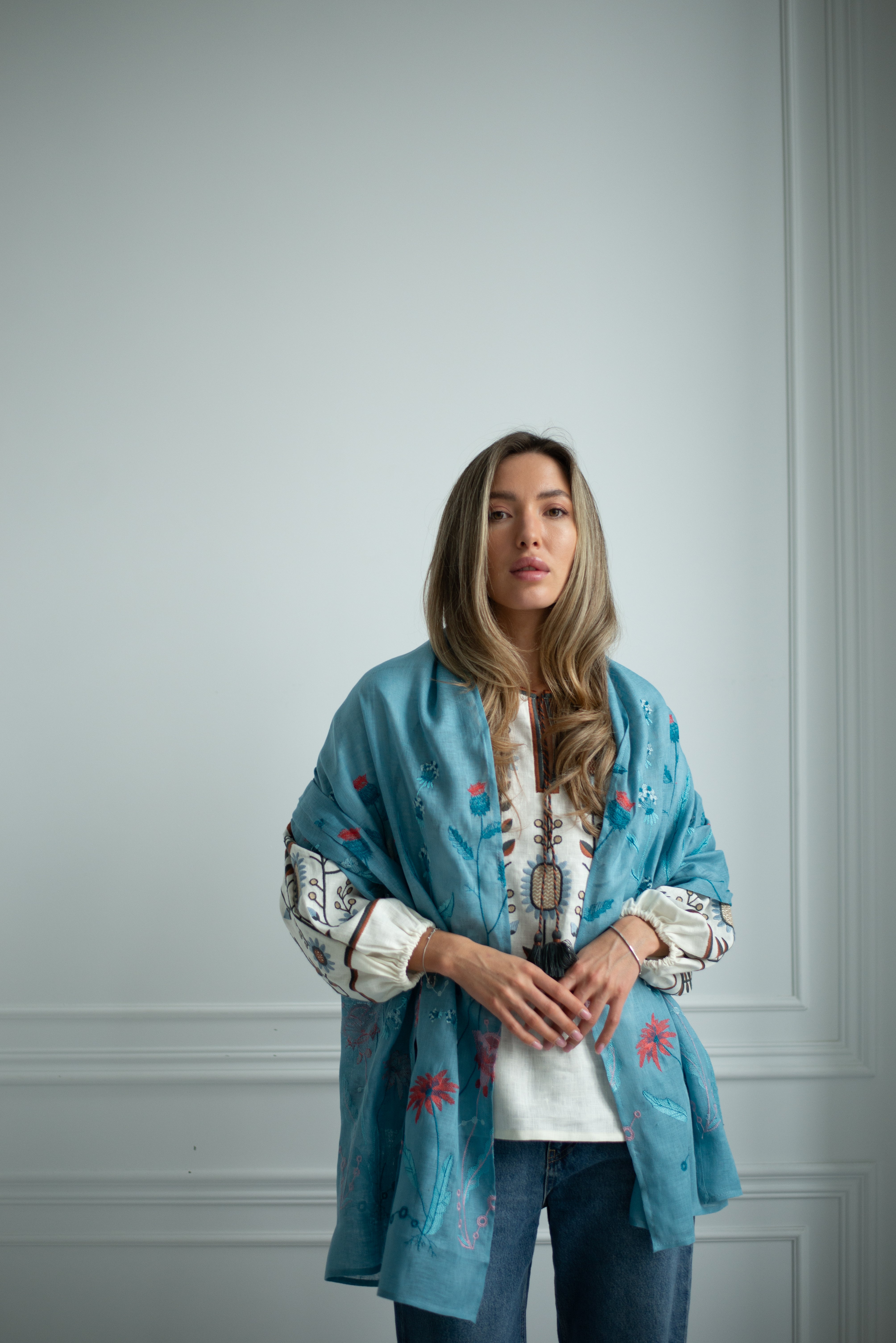 Embroidered Blue Linen Shawl with Floral Design Perfect Scarf for Moms and Girls