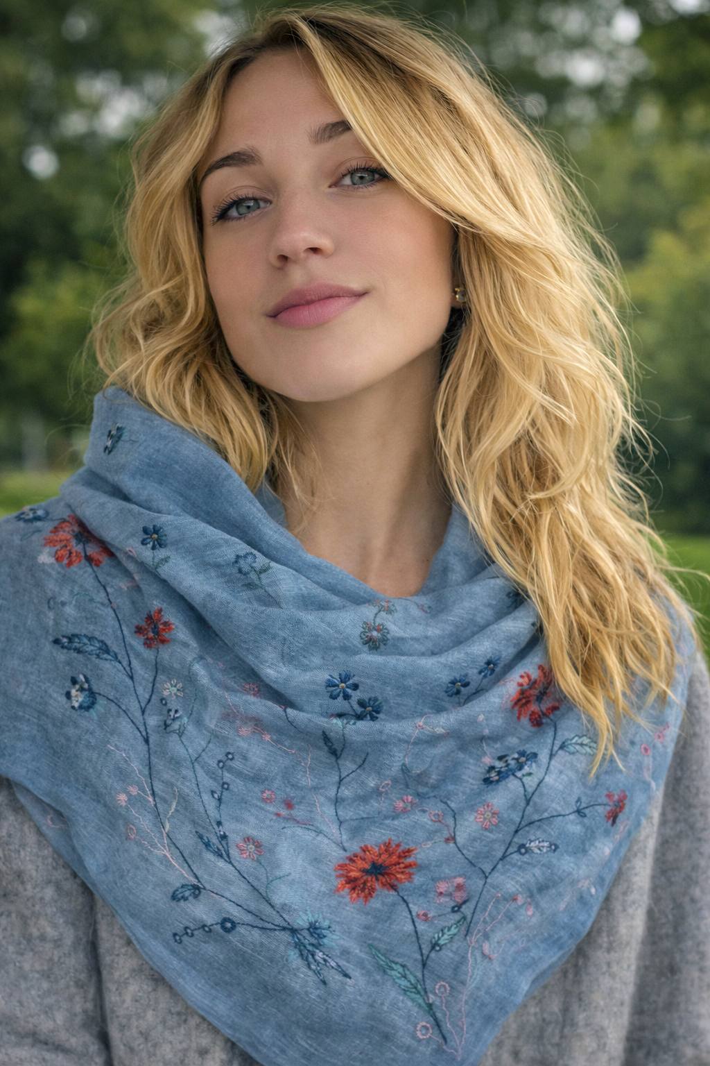 Woman wearing a blue floral-patterned scarf outdoors