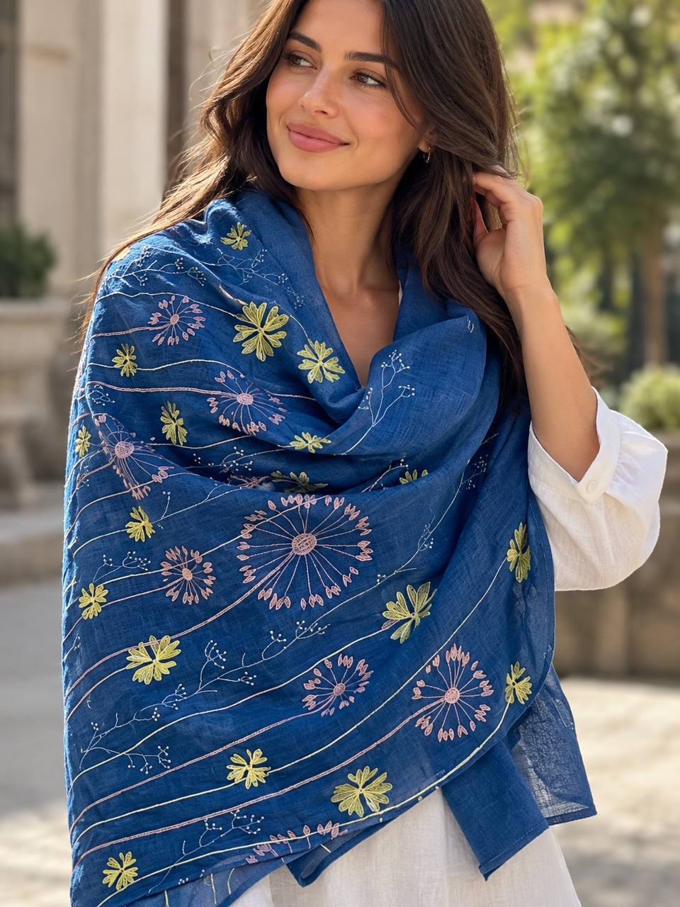 Embroidered shawl blue