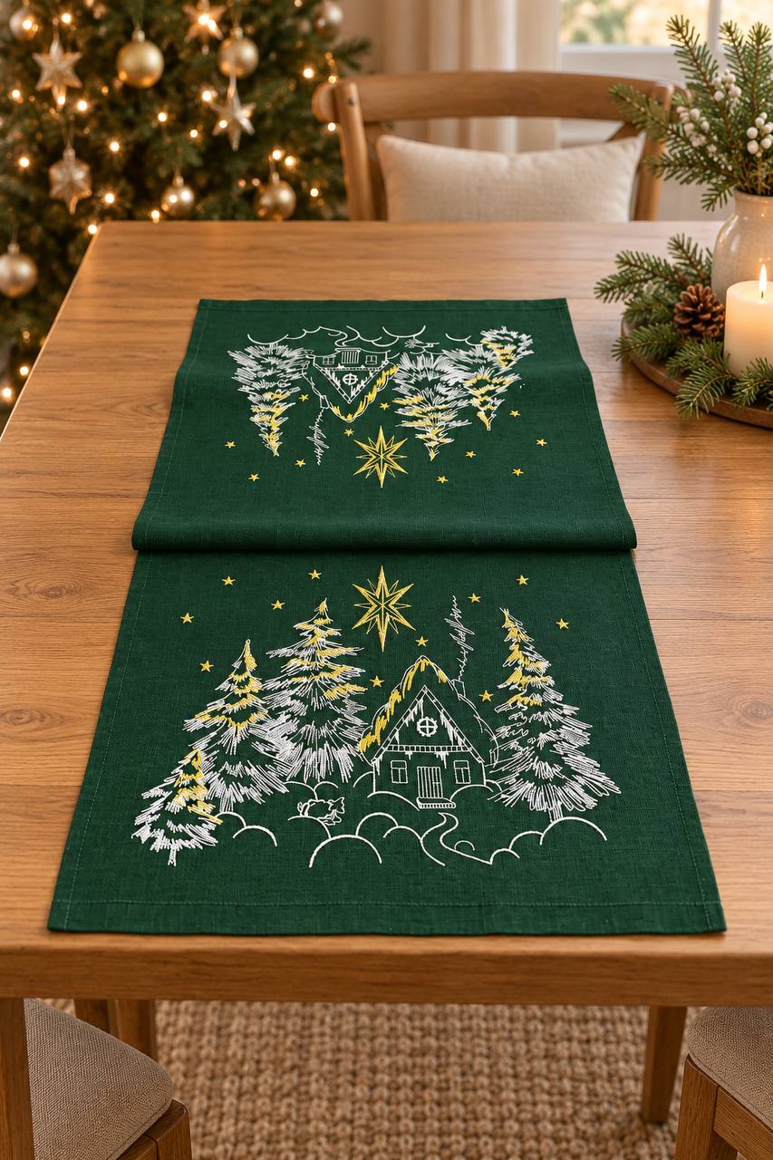 Green Runner Path Fairytale glow linen tablecloth