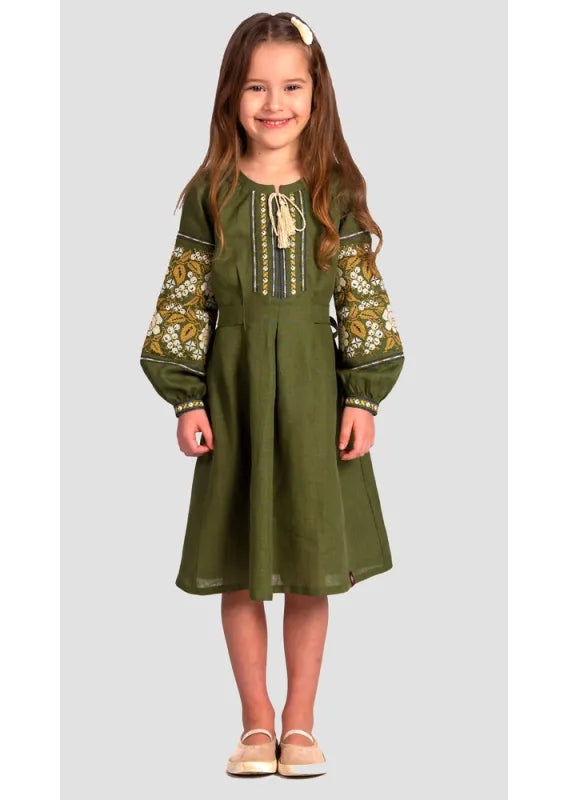Khaki Ukrainian Vyshyvanka Linen Dress for Girls Embroidered Style