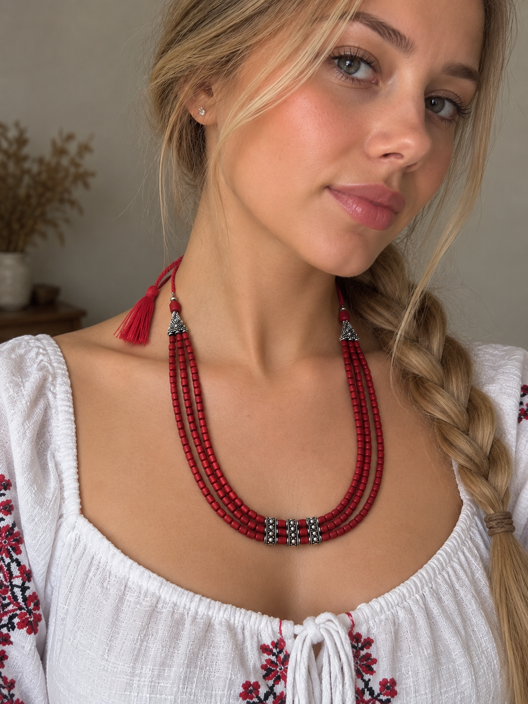 Collier ukrainien traditionnel en céramique rouge avec perles de cheminée antiques - Bijoux ethniques