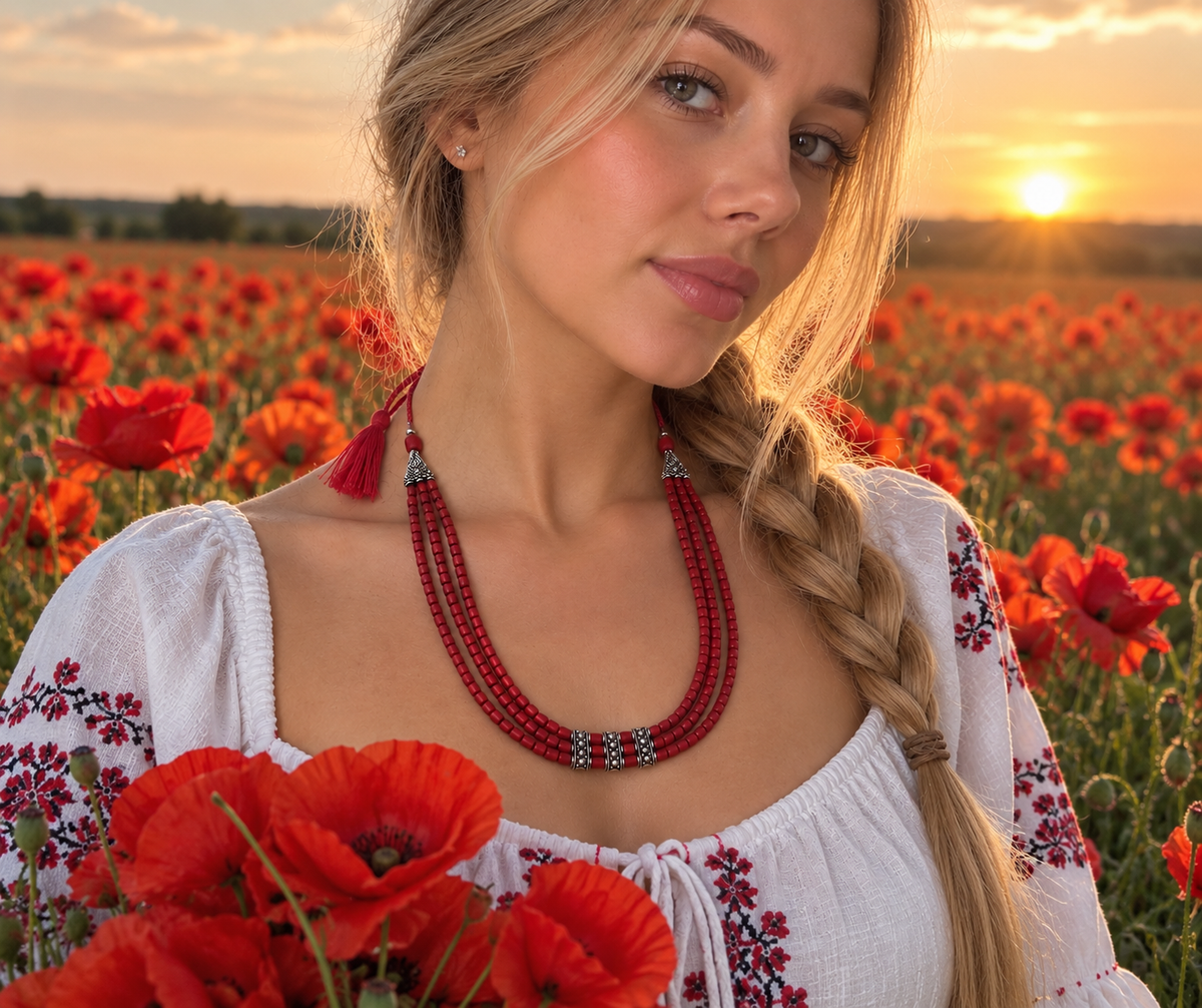 Collier ukrainien traditionnel en céramique rouge avec perles de cheminée antiques - Bijoux ethniques