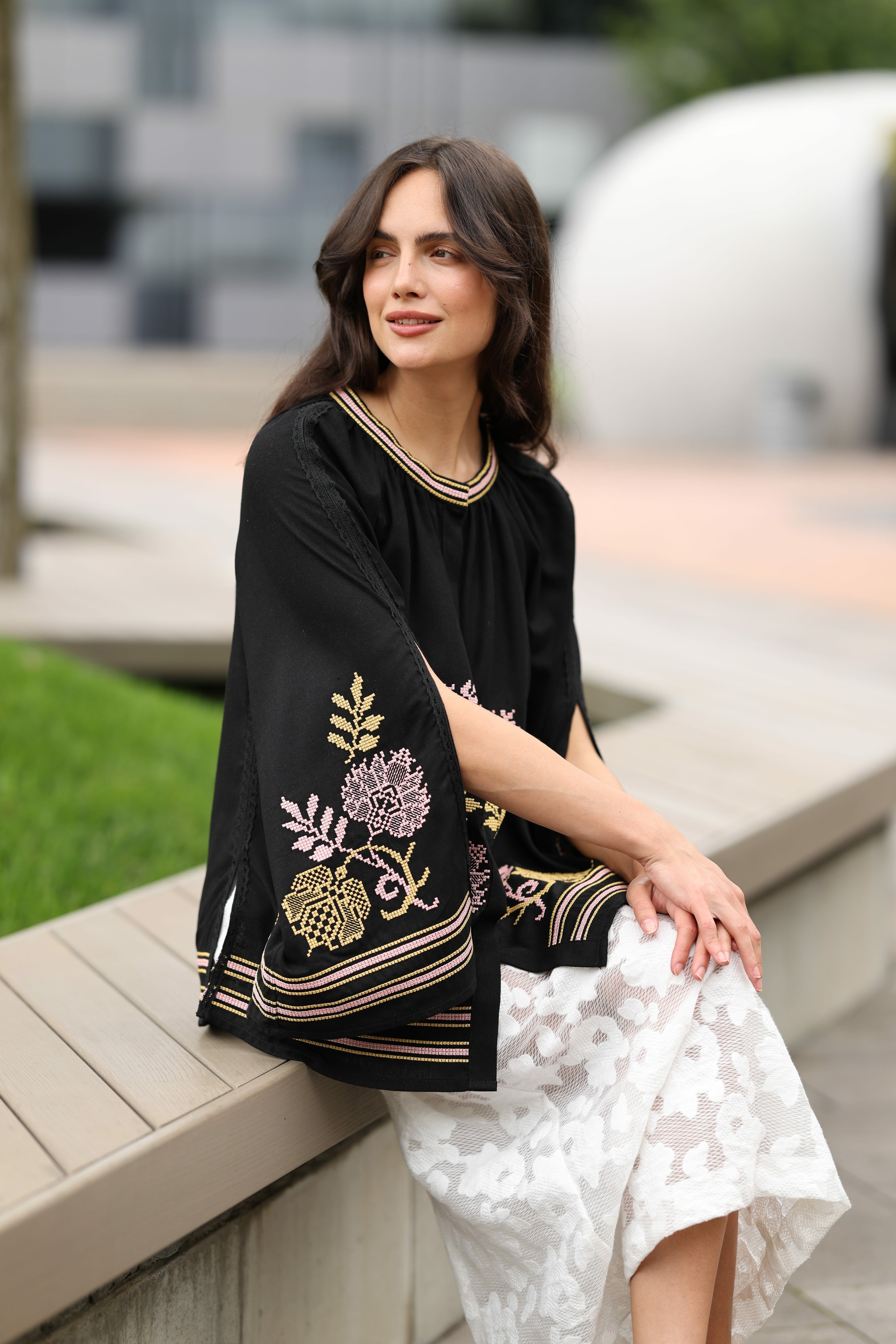 Natural black linen delicate pink and gold embroidery blouse