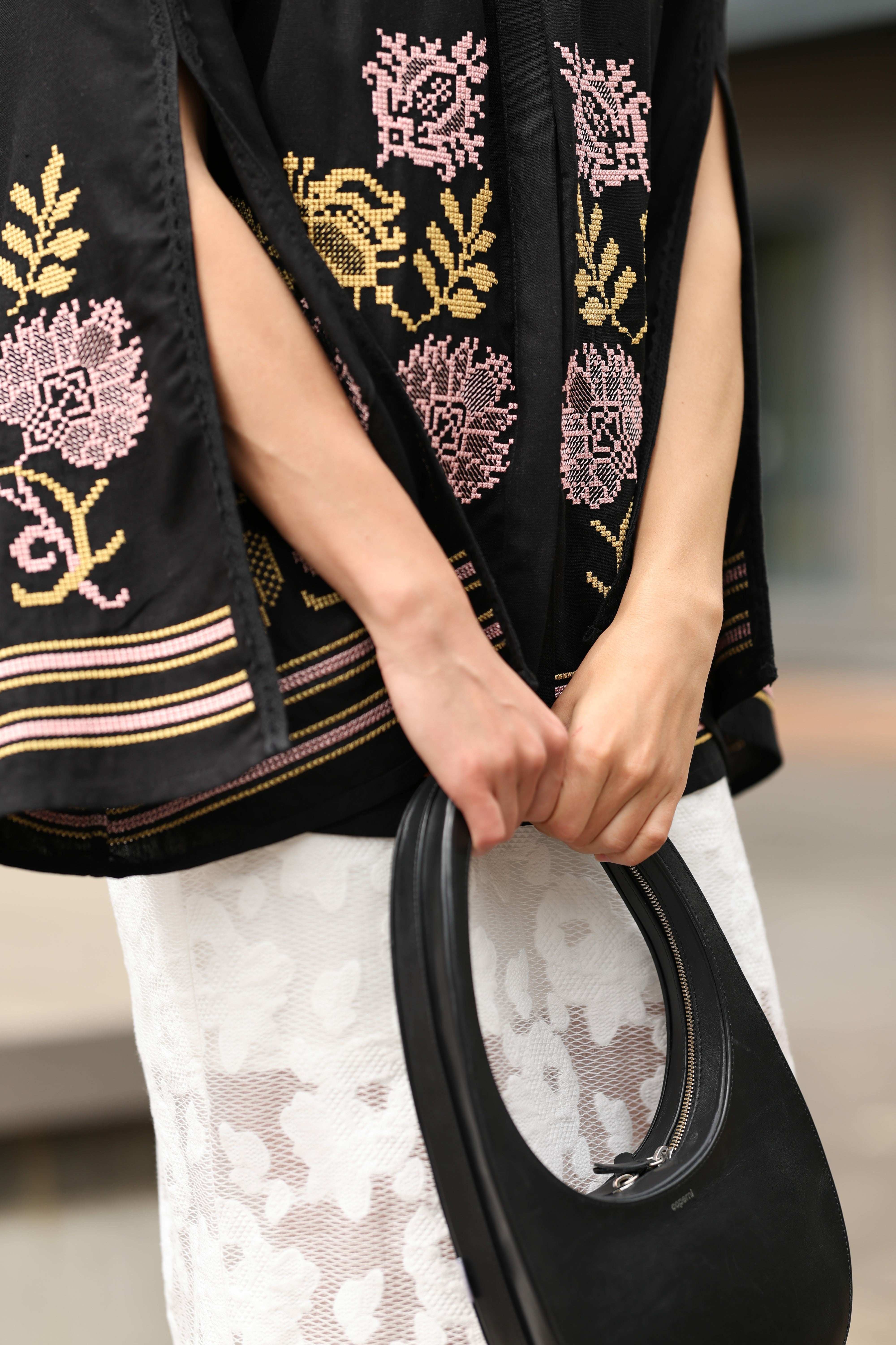 Natural black linen delicate pink and gold embroidery blouse