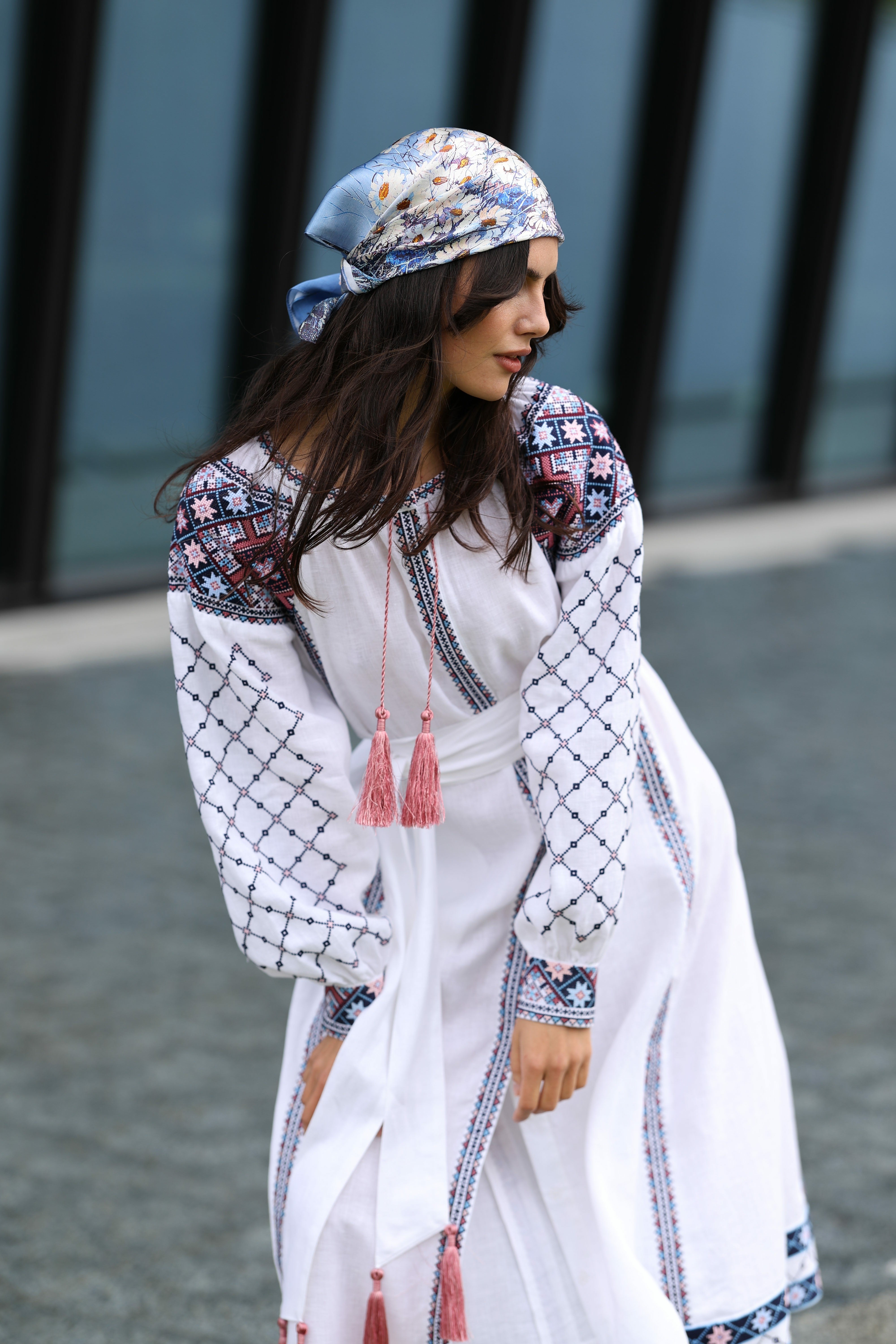 Linen dress White with colorful embroidery