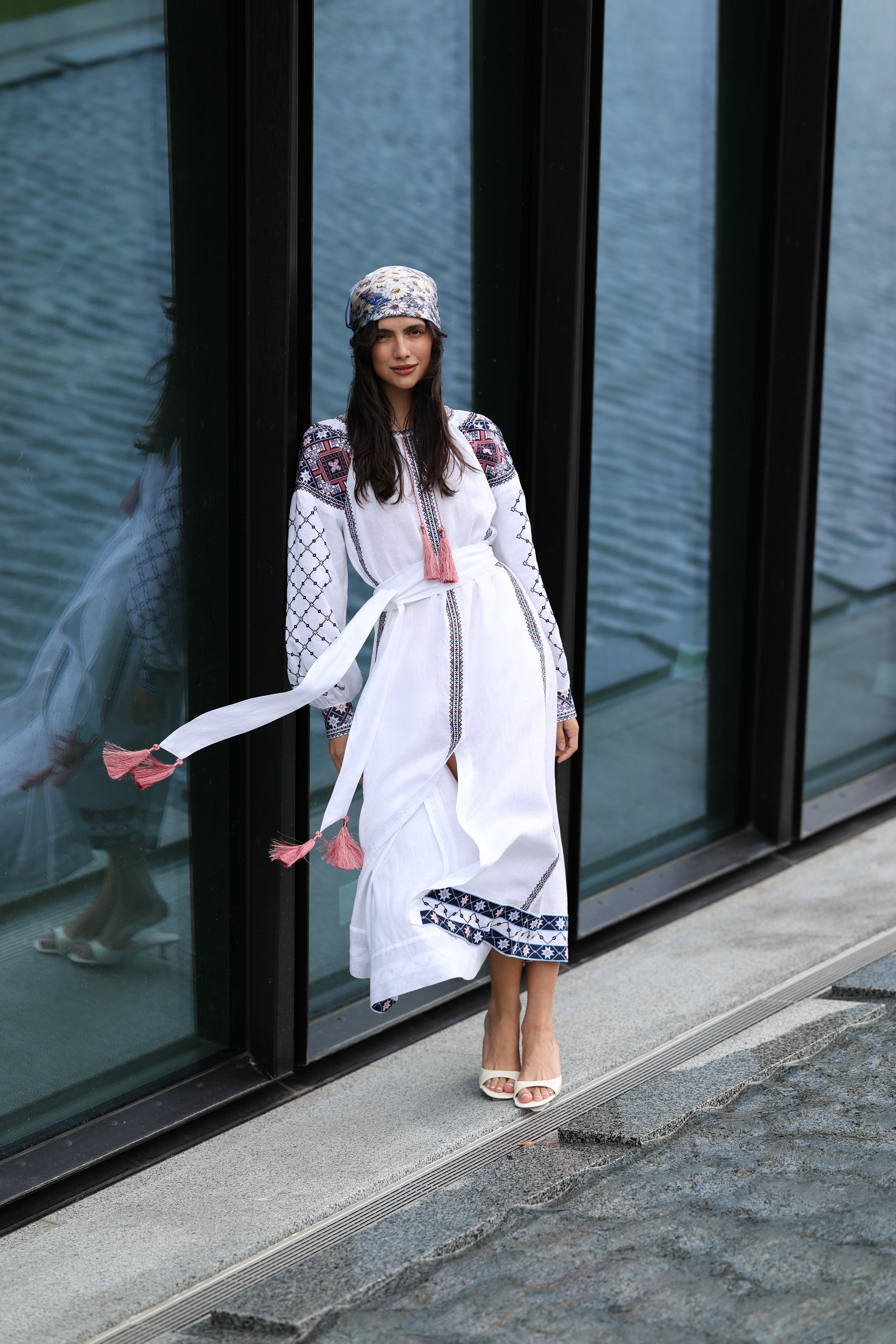 Linen dress White with colorful embroidery