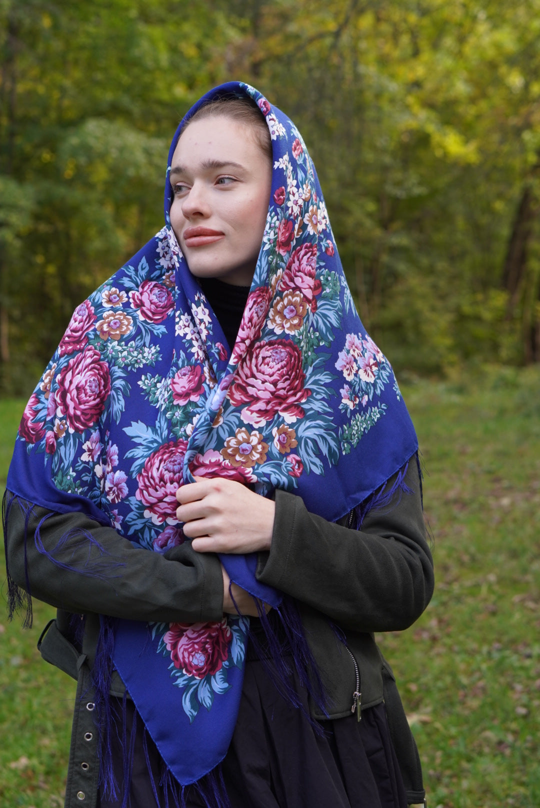 Blue Ukrainian Shawl - 80% Wool Traditional Scarf for Women
