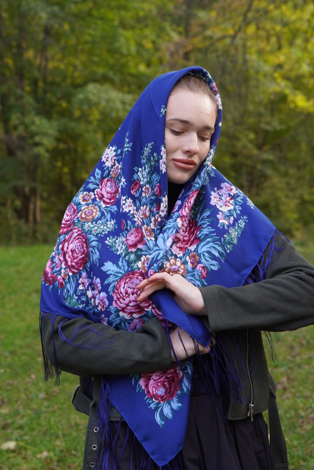 Blue Ukrainian Shawl - 80% Wool Traditional Scarf for Women