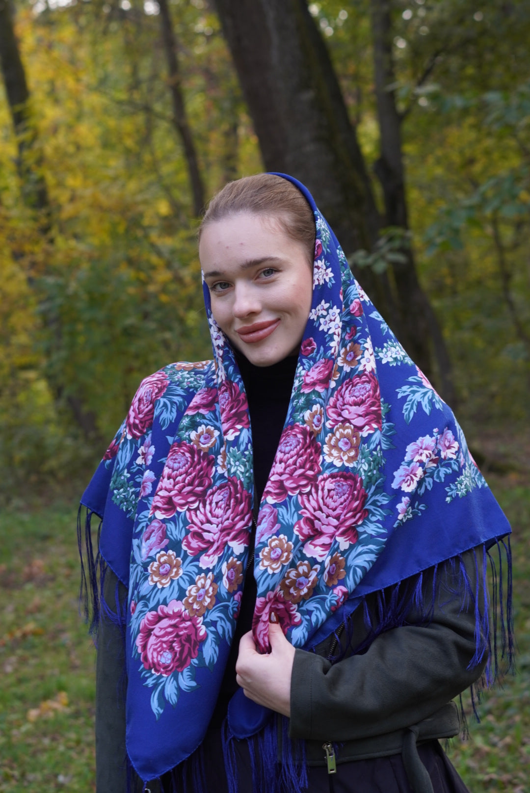 Blue Ukrainian Shawl - 80% Wool Traditional Scarf for Women