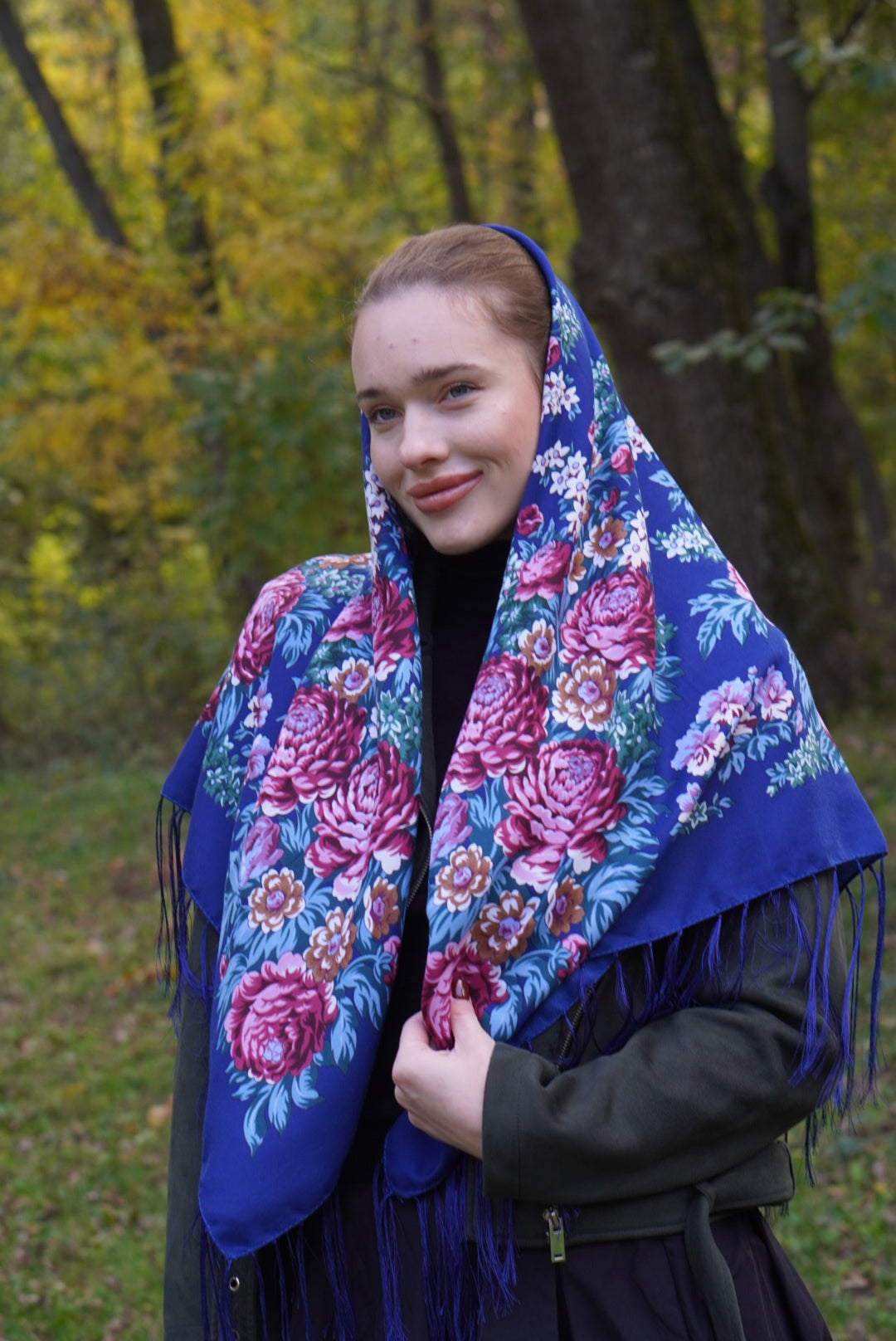 Blue Ukrainian Shawl - 80% Wool Traditional Scarf for Women