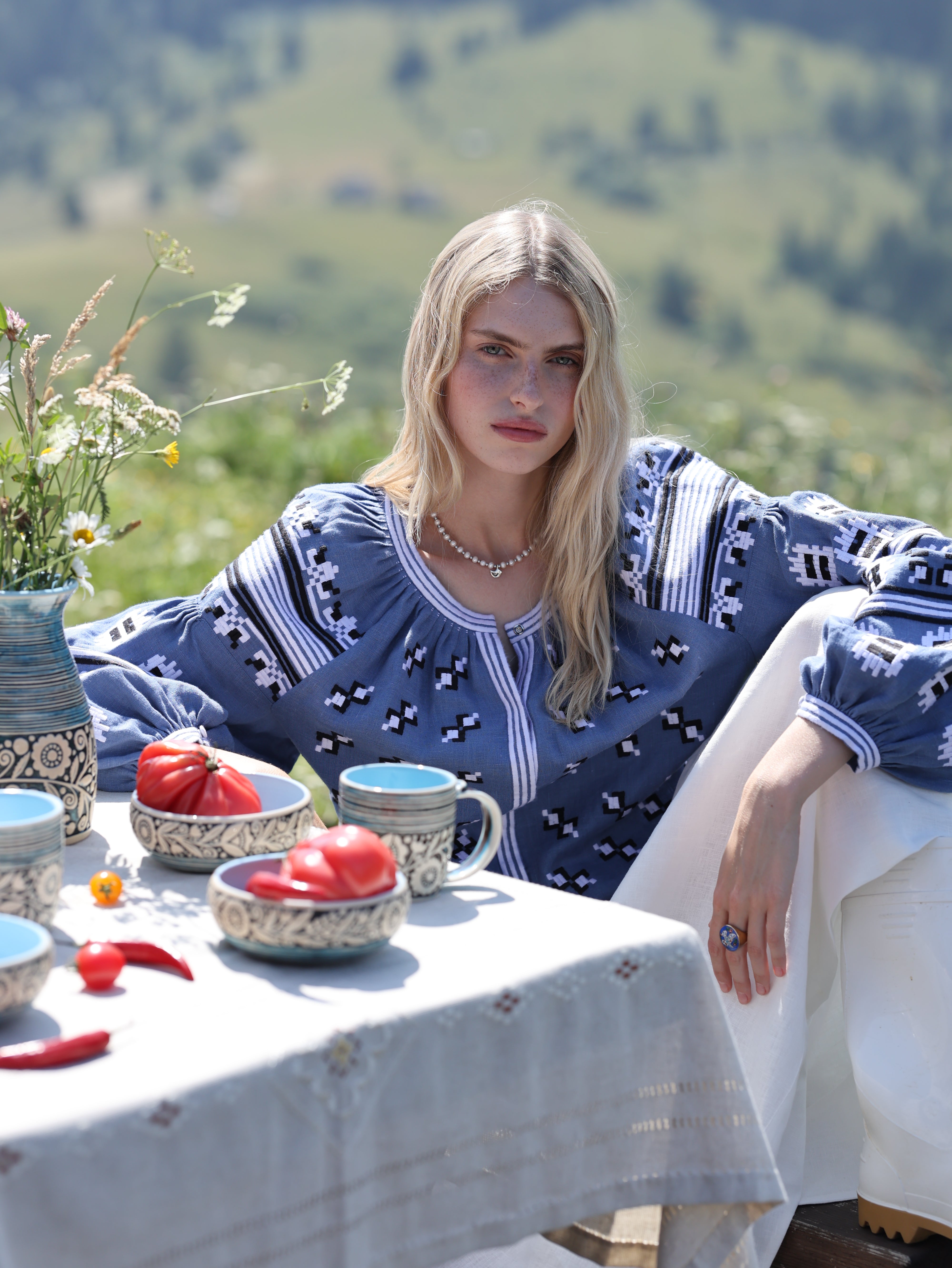 Blue Embroidered Linen Boho Ukrainian Vyshyvanka Blouse Etnik Shirt