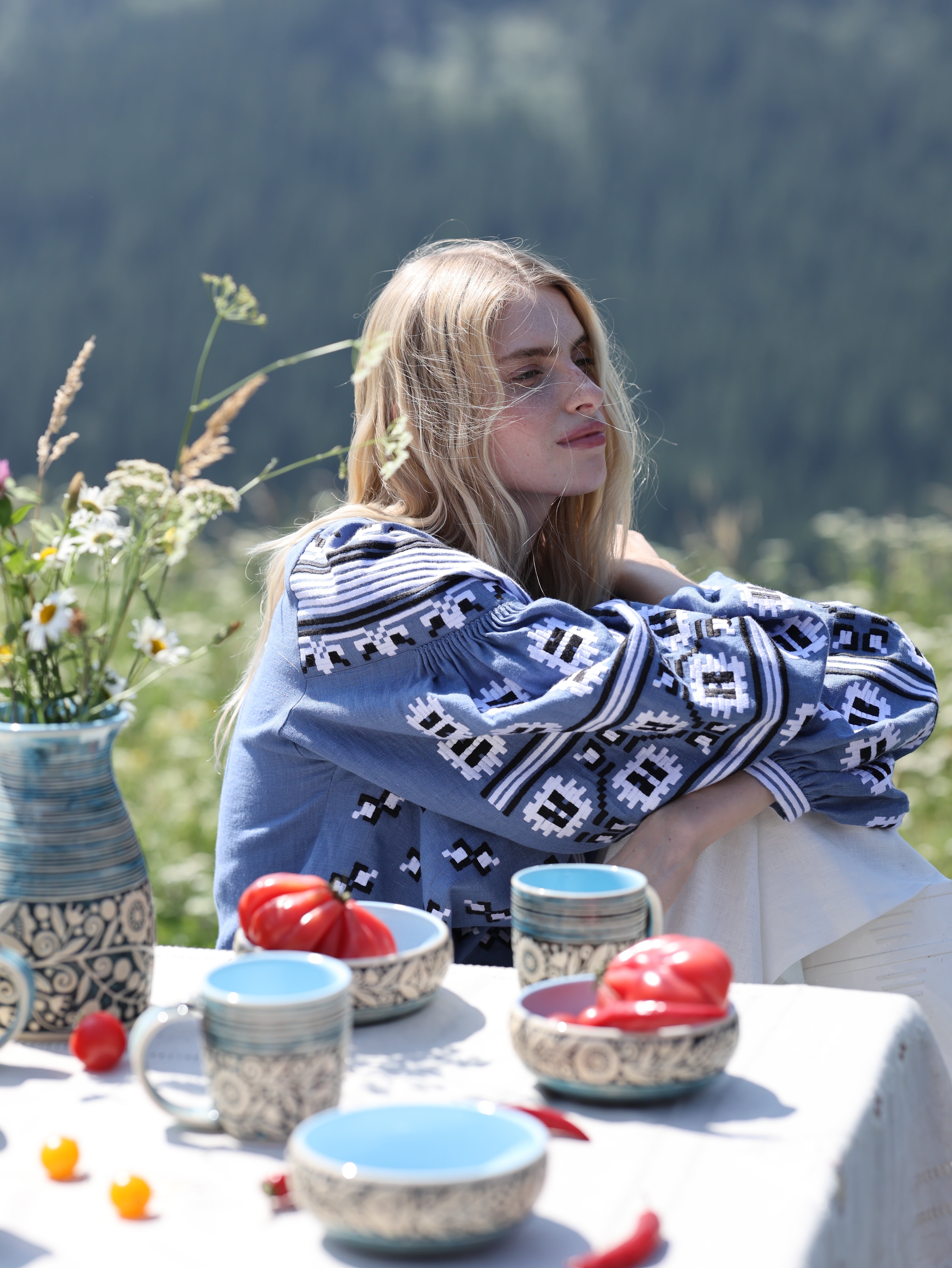 Blue Embroidered Linen Boho Ukrainian Vyshyvanka Blouse Etnik Shirt