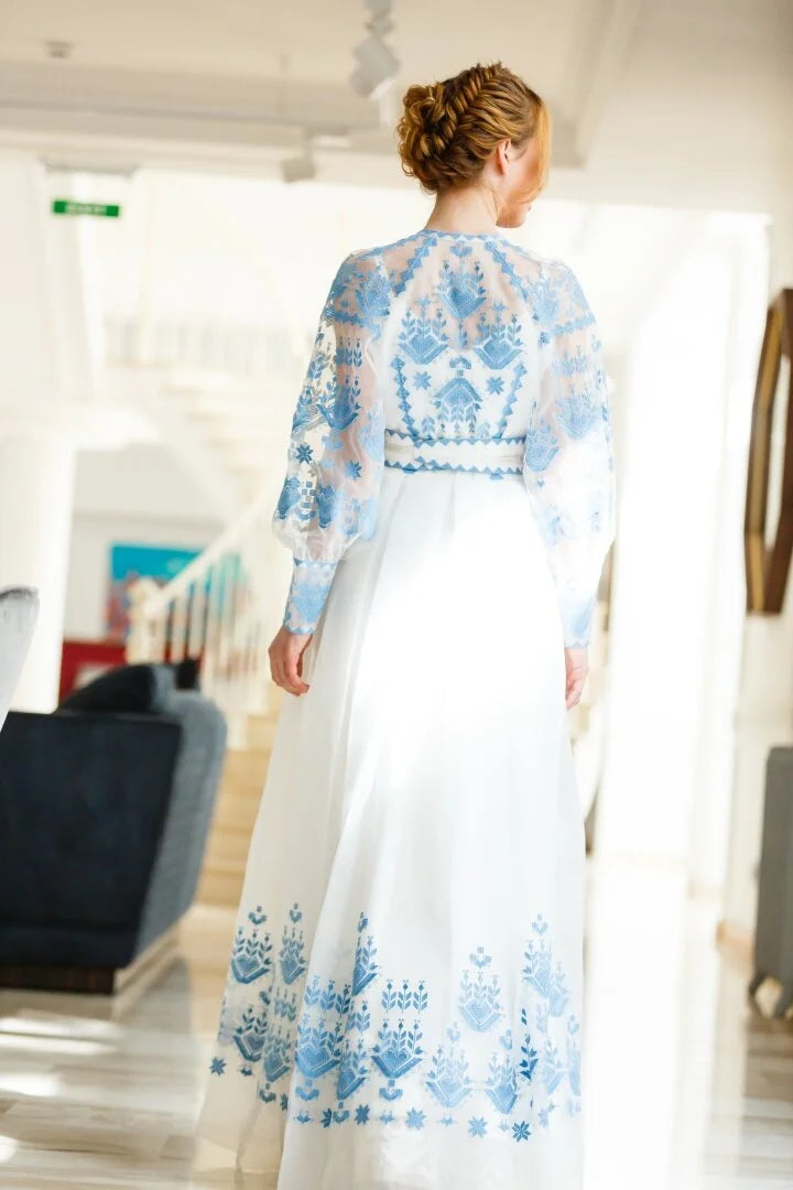 Wedding White Maxi Dress Ukrainian blue Embroidery Boho
