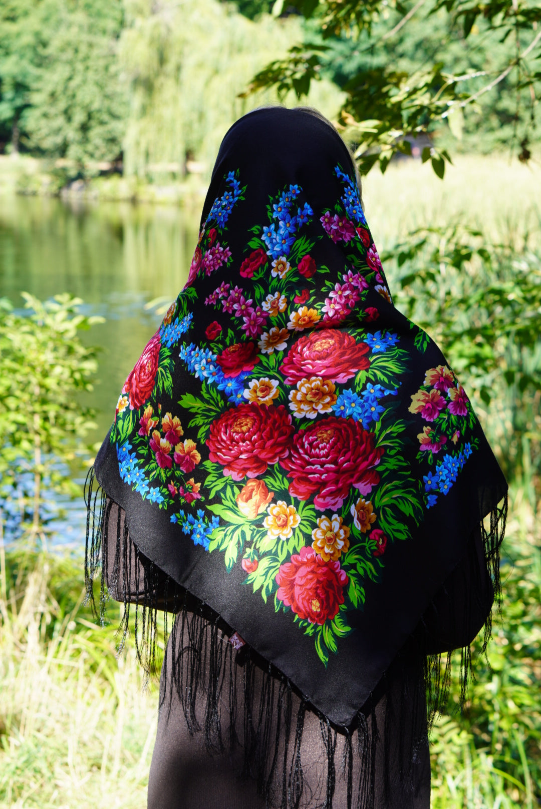 Black Ukrainian Shawl 120x120 cm Wool Scarf with Floral Design