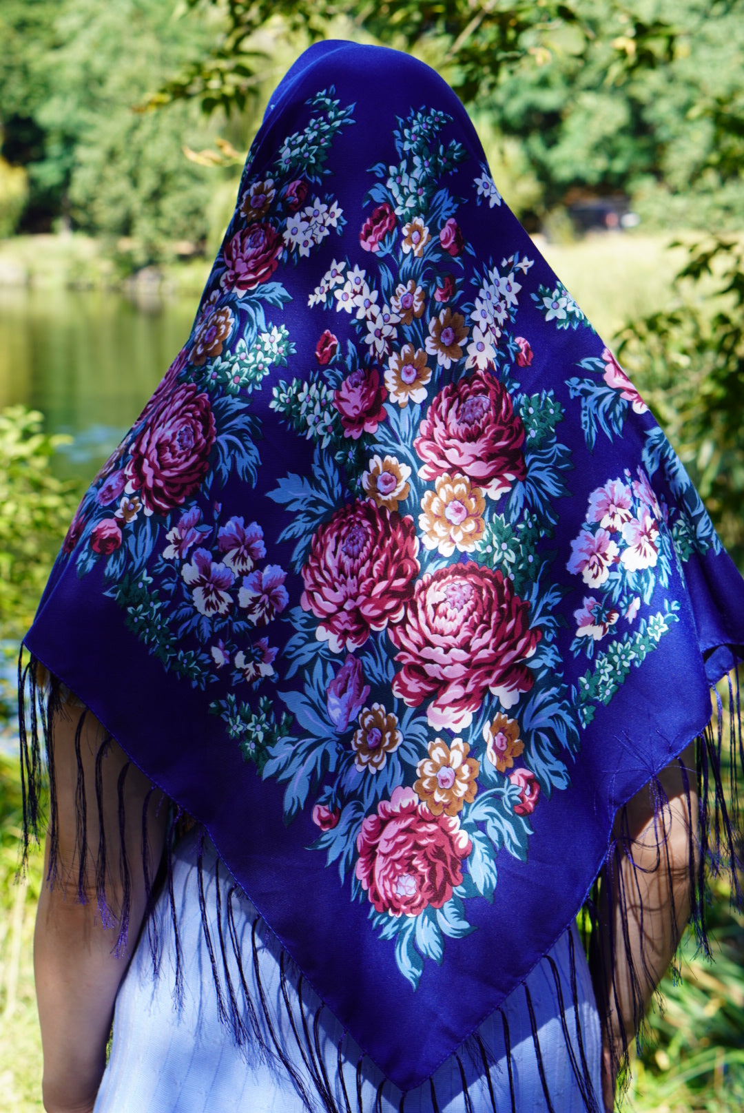 Blue Bohemian 80% Wool Shawl with Roses - Ukrainian White and Blue Ethnic Scarf 120 cm