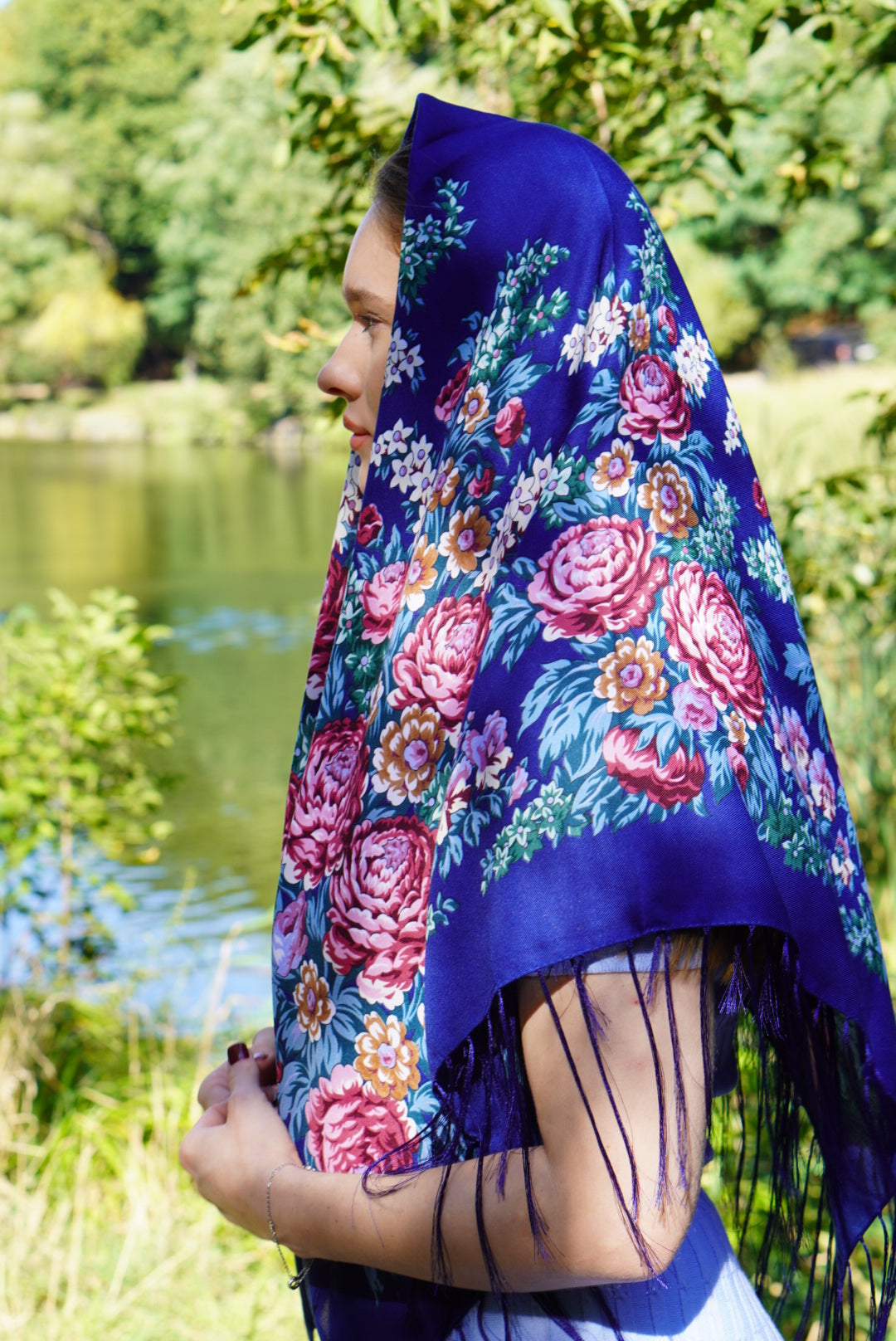 Blue Ukrainian Wool 80% Shawl - Bohemian Floral Scarf for Women, Mom, Daughter