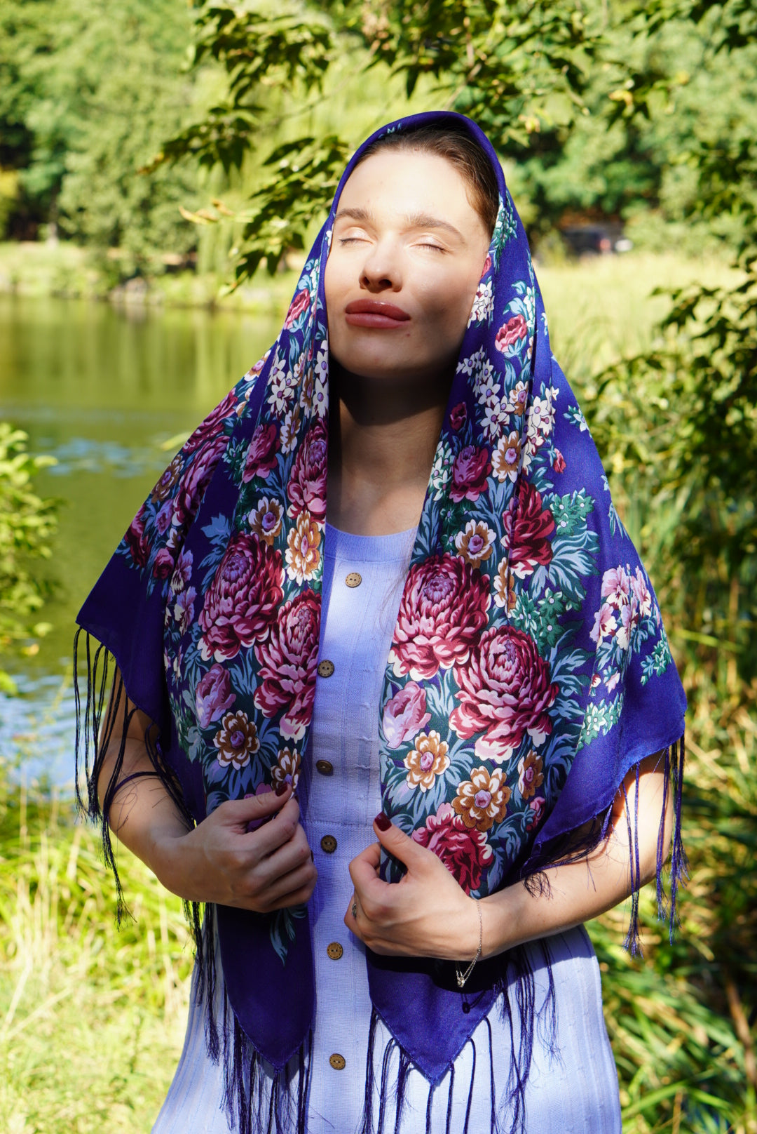 Blue Bohemian 80% Wool Shawl with Roses - Ukrainian White and Blue Ethnic Scarf 120 cm