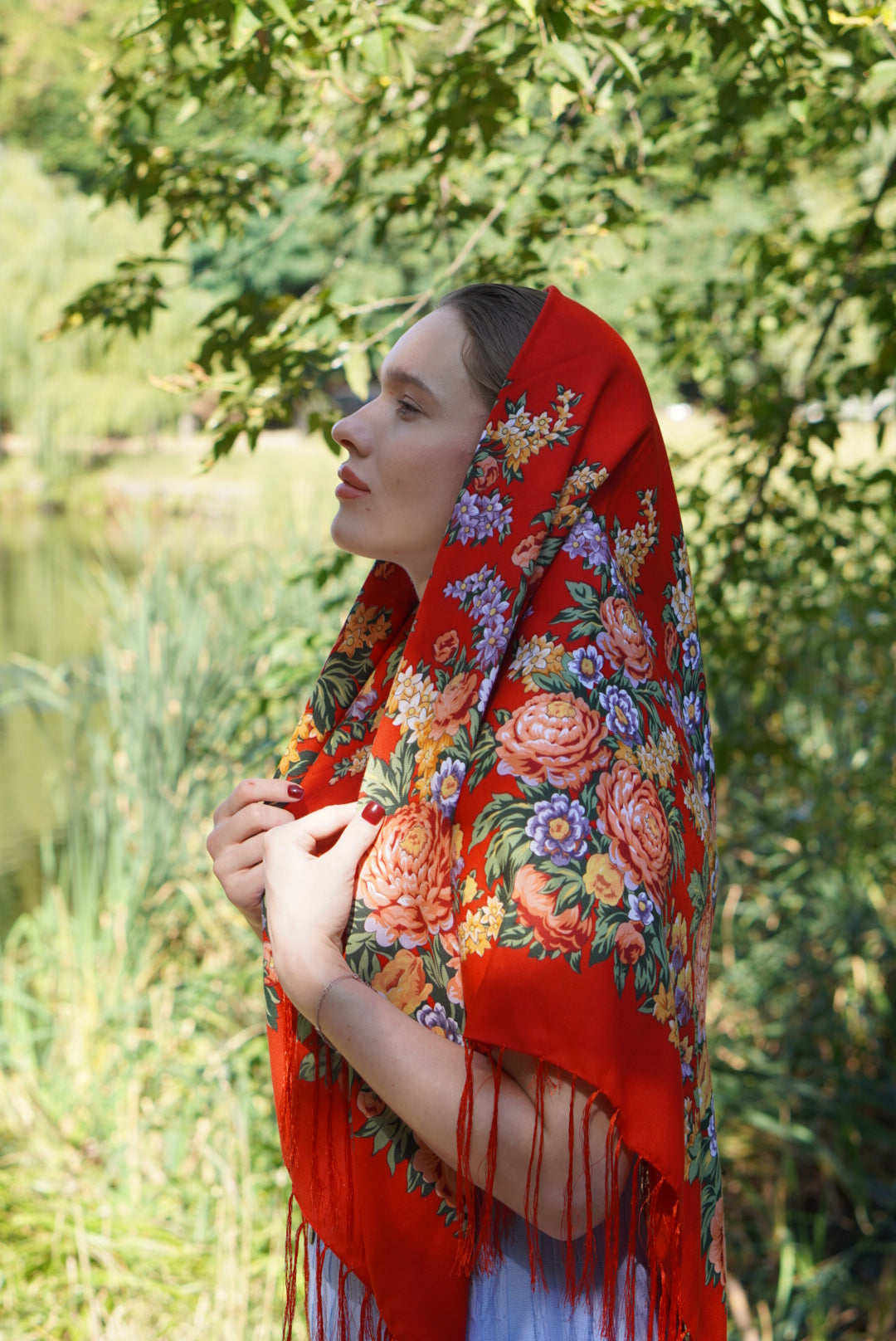 Red Floral Shawl Wool Wrap for Women Traditional Ukrainian