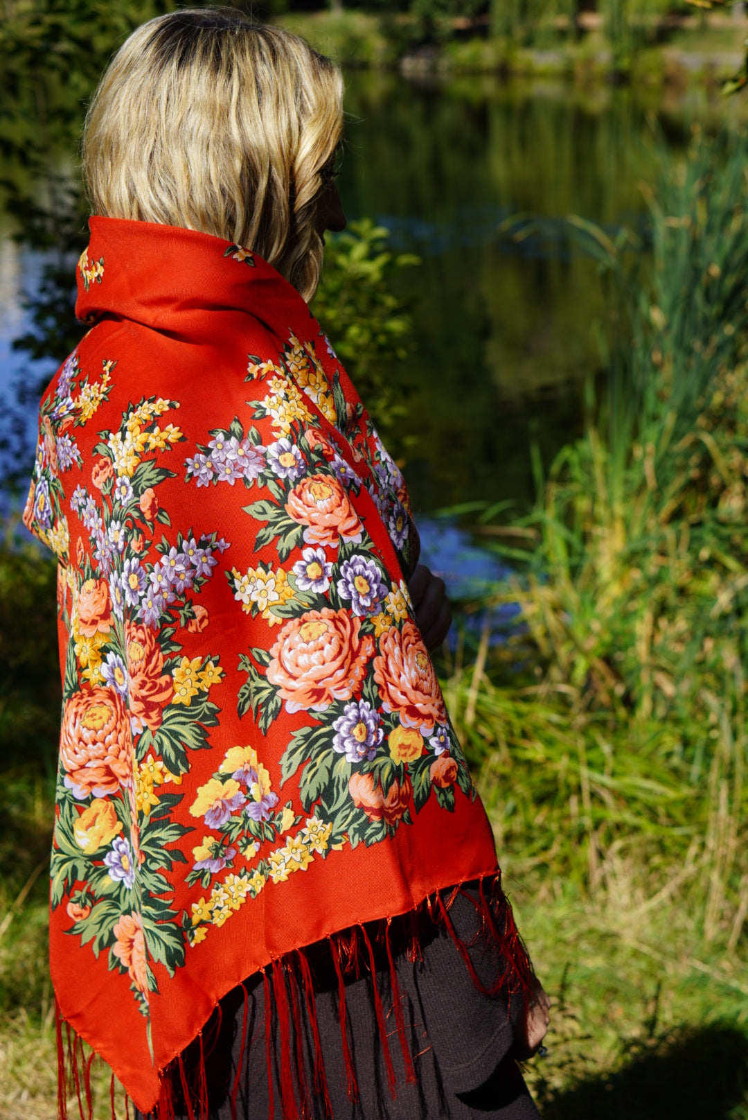 Red Floral Shawl Wool Wrap for Women Traditional Ukrainian
