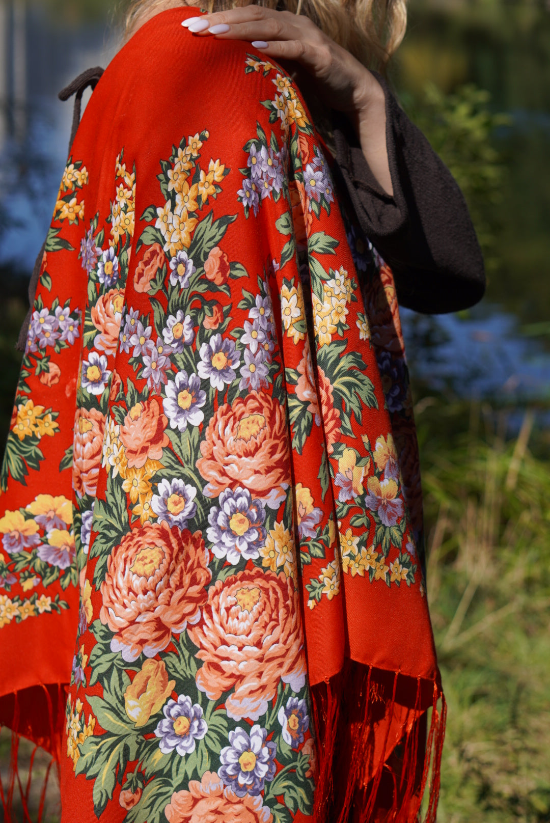 Red Floral Shawl Wool Wrap for Women Traditional Ukrainian