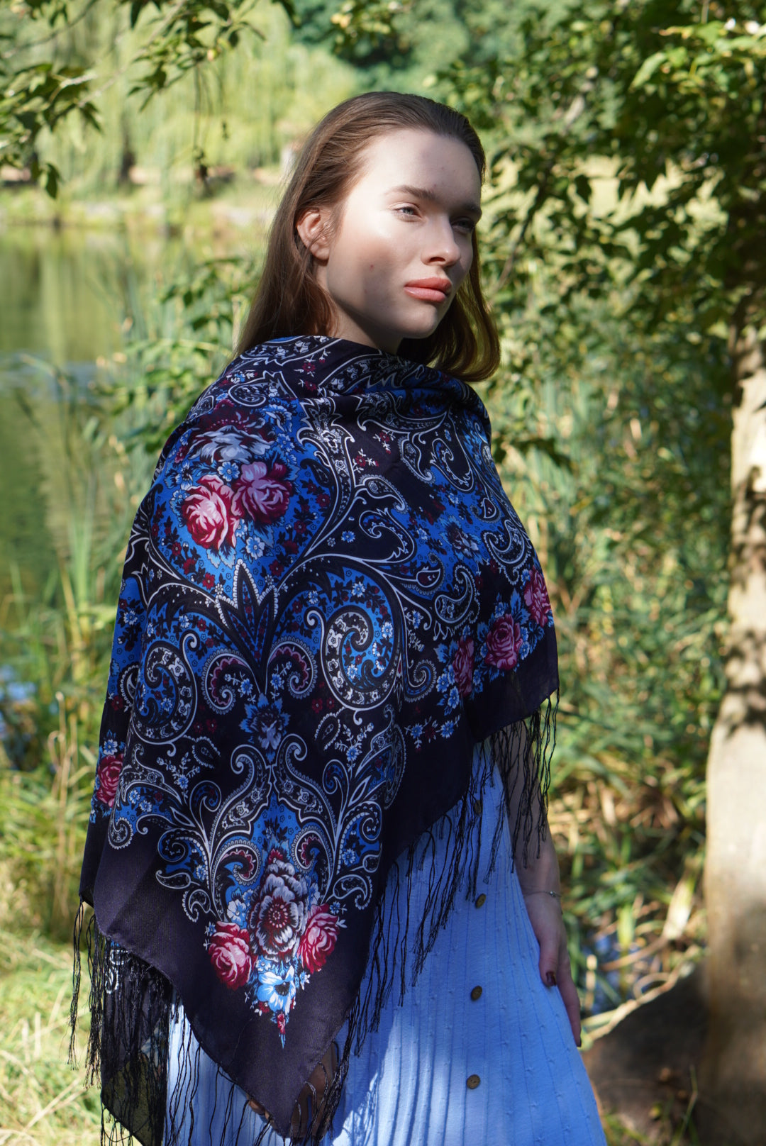 Dark Blue Bohemian shawl Wool Ukrainian Word of LoveTraditional scarf Ethnic shawl châle ukrainien