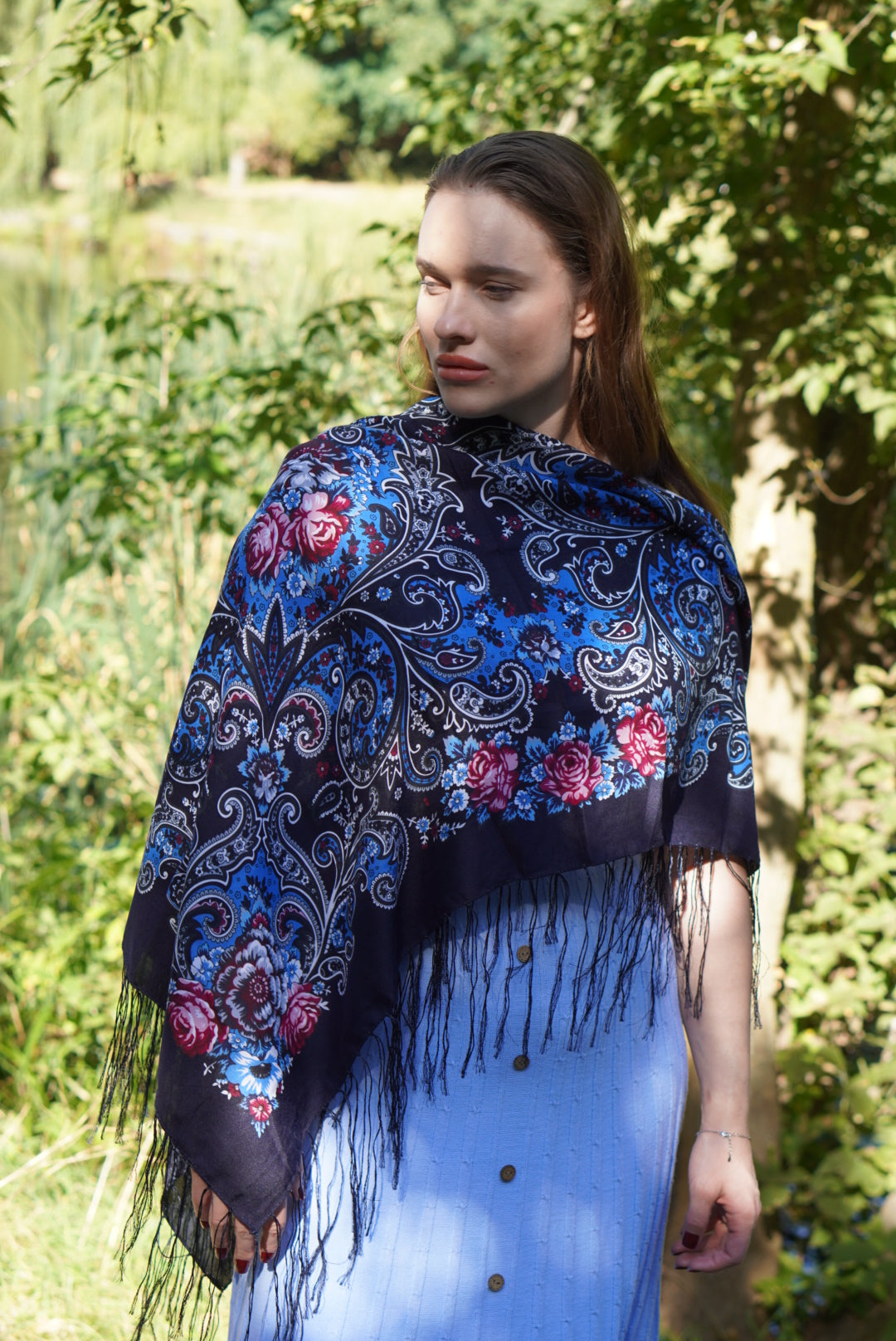Dark Blue Bohemian shawl Wool Ukrainian Word of LoveTraditional scarf Ethnic shawl châle ukrainien