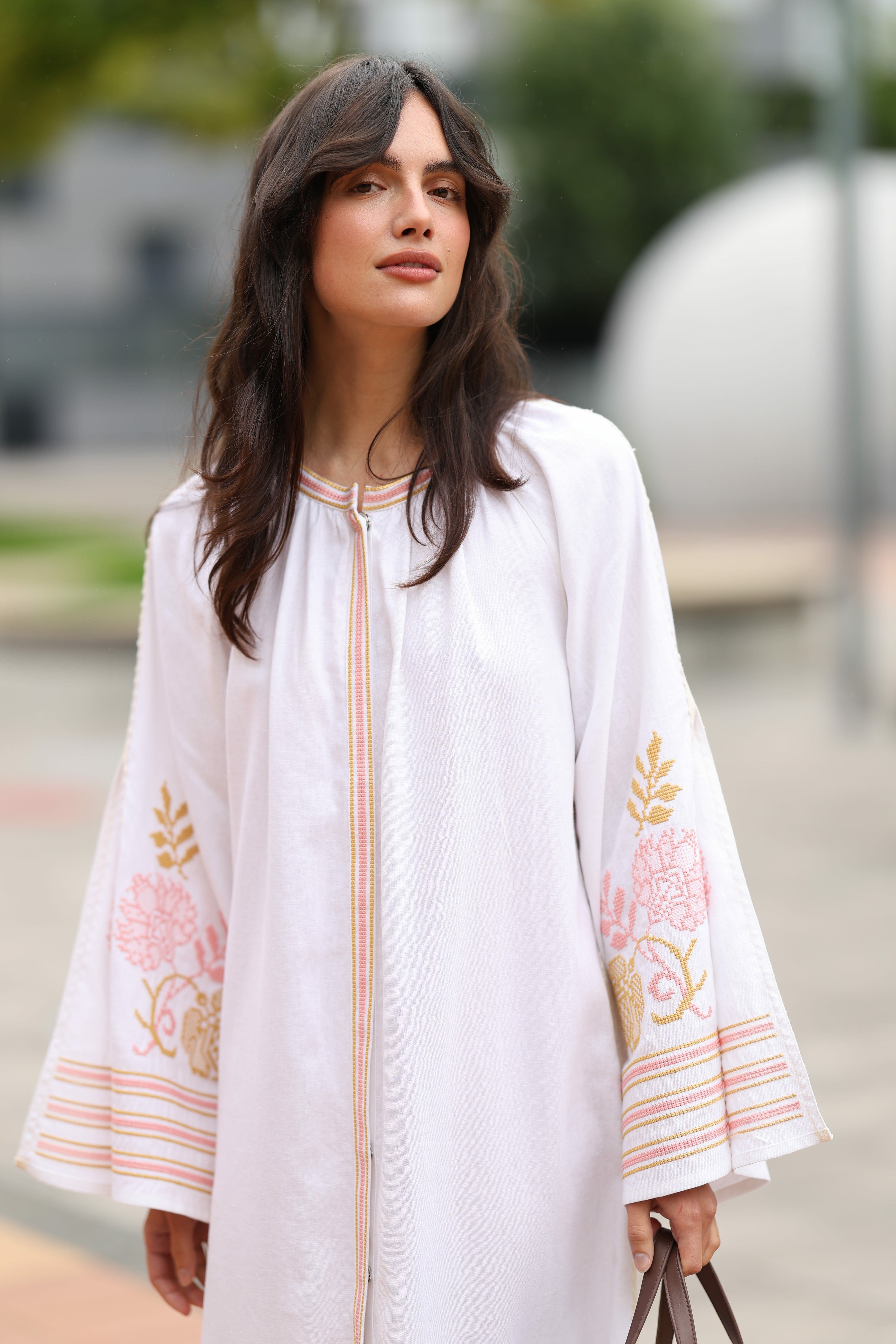 Embroidered Ukrainian Dress Elegant white linen and delicate powder pink and gold embroidery