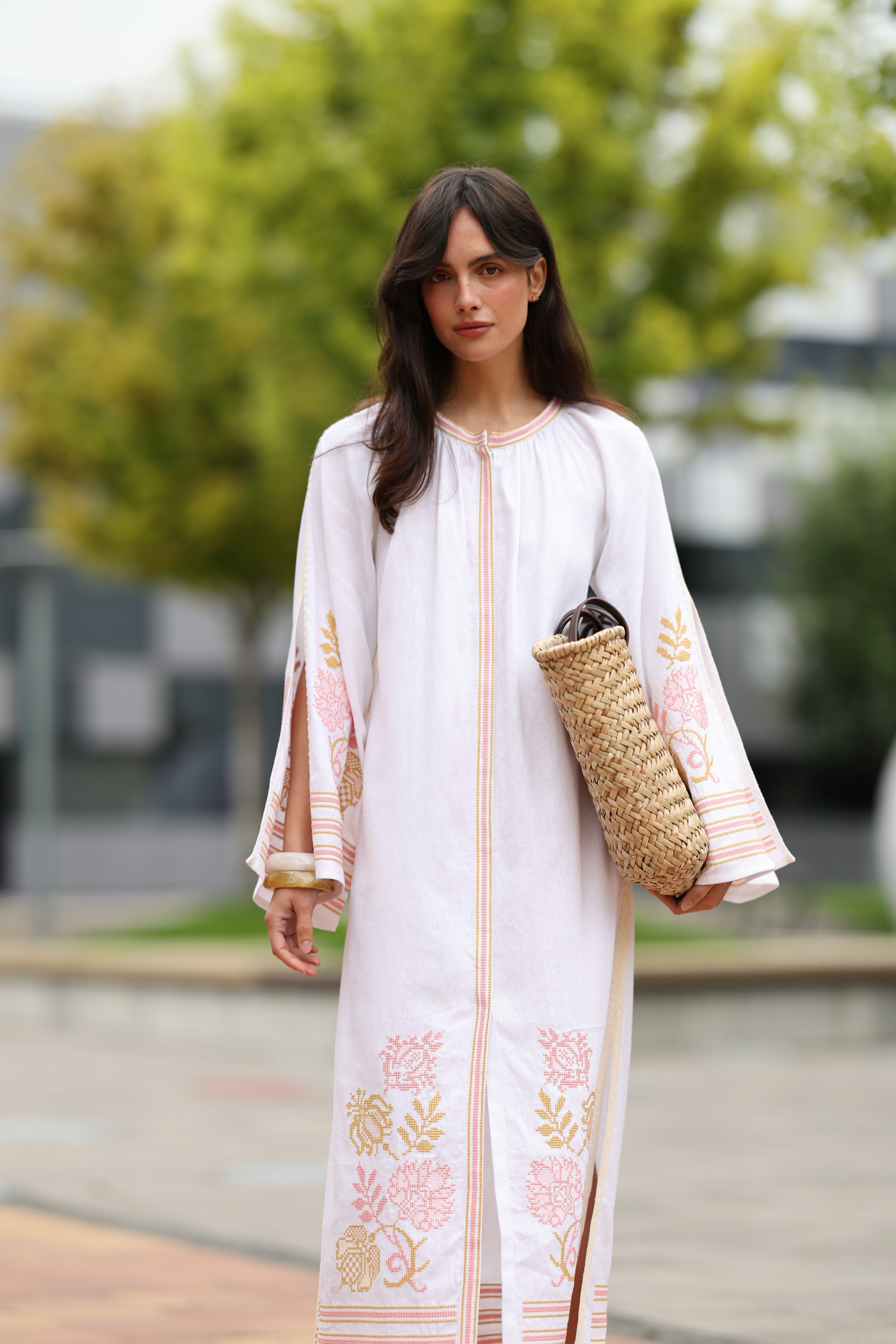 Embroidered Ukrainian Dress Elegant white linen and delicate powder pink and gold embroidery