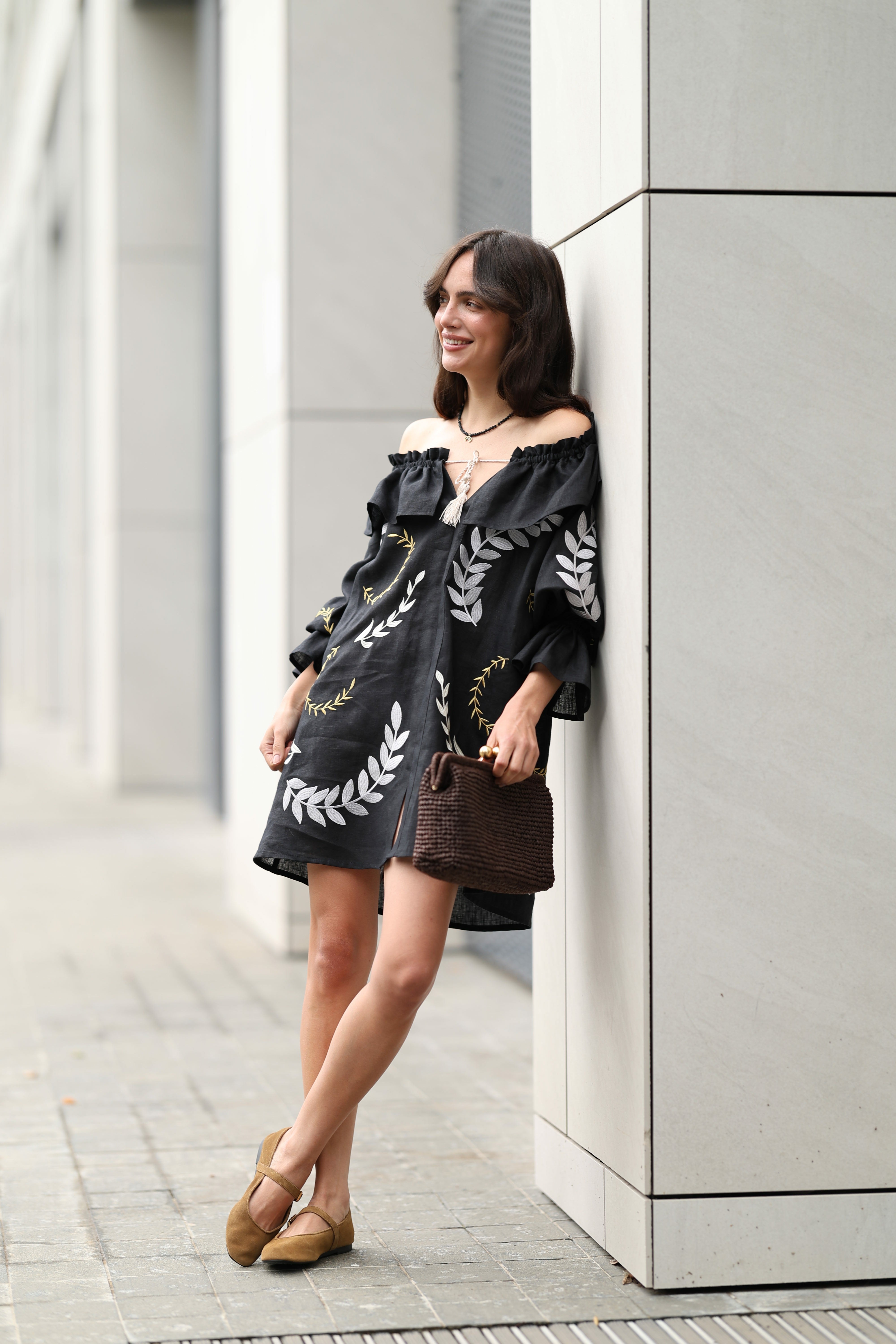 Embroidered ukrainian dress made of black linen