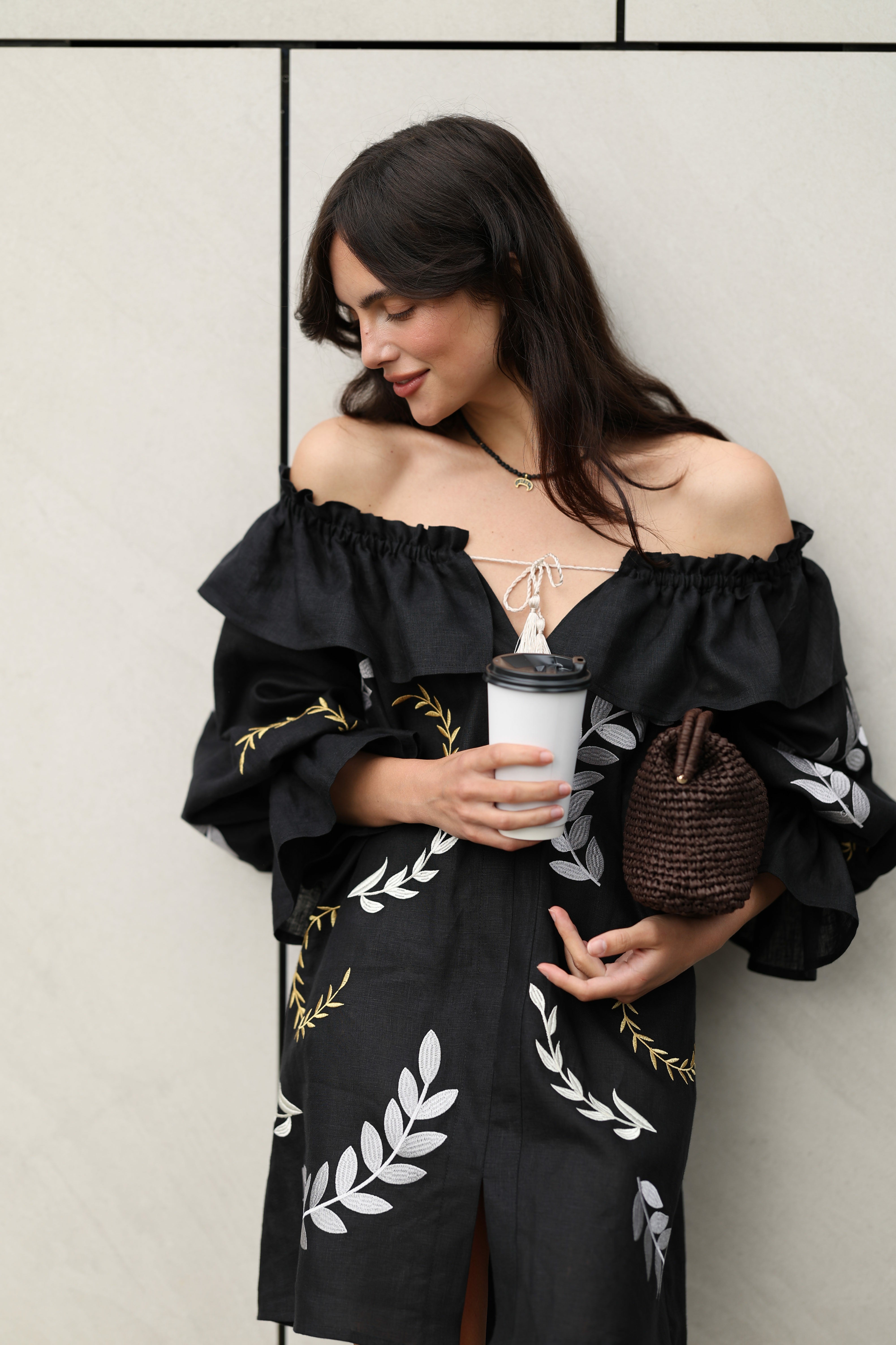 Embroidered ukrainian dress made of black linen