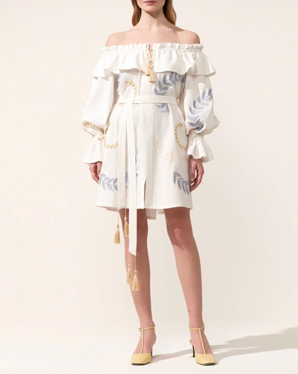 Milk linen mini Embroidered dress Ukrainian boho