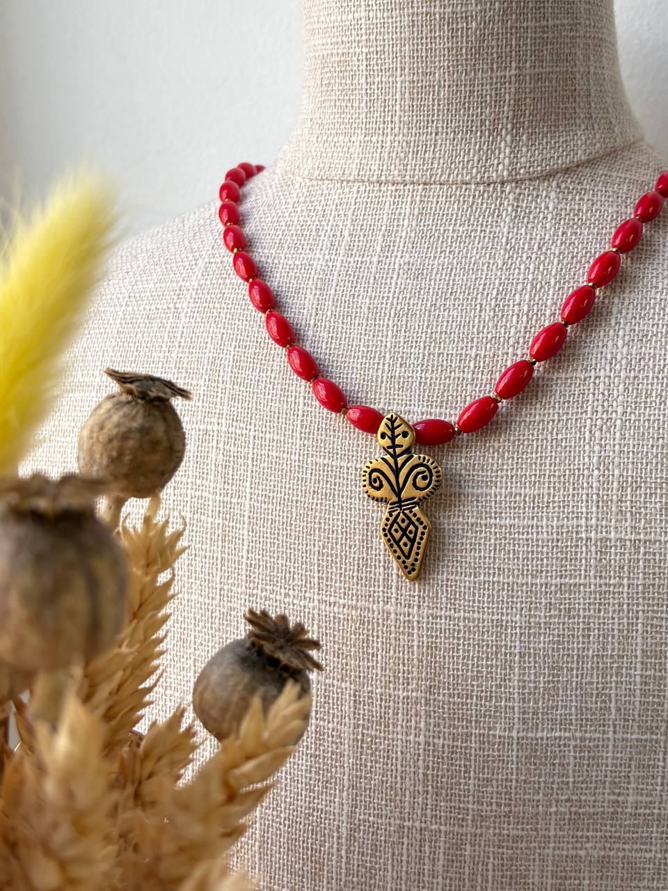 Red Coral Necklace with Brass Folk-Inspired Pendant Beregynya Ukrainian Handmade Ethnic Jewelry