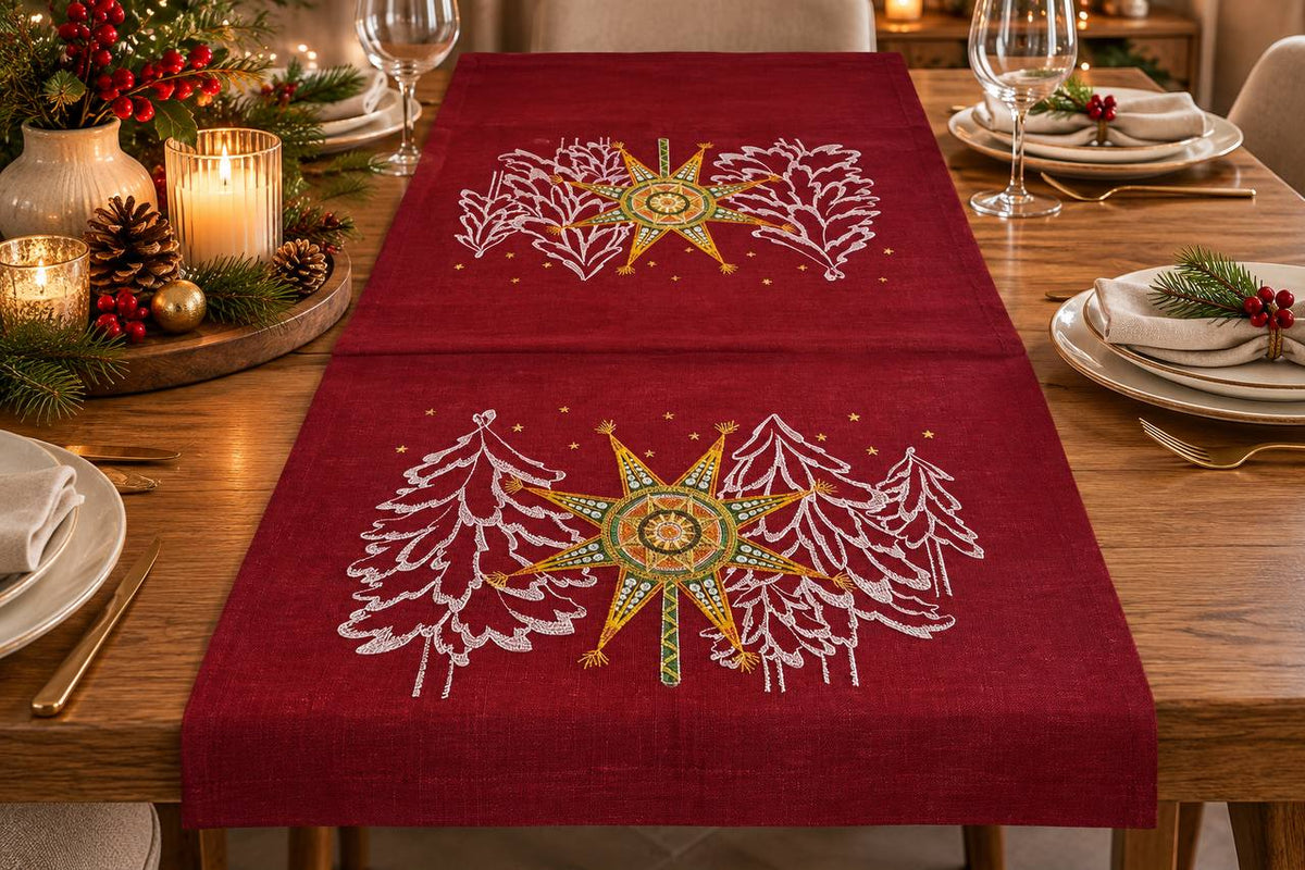 Red Runner table fairy forest linen tablecloth 140*48 СМ Embroidered Tablecloth Gift for Christmas