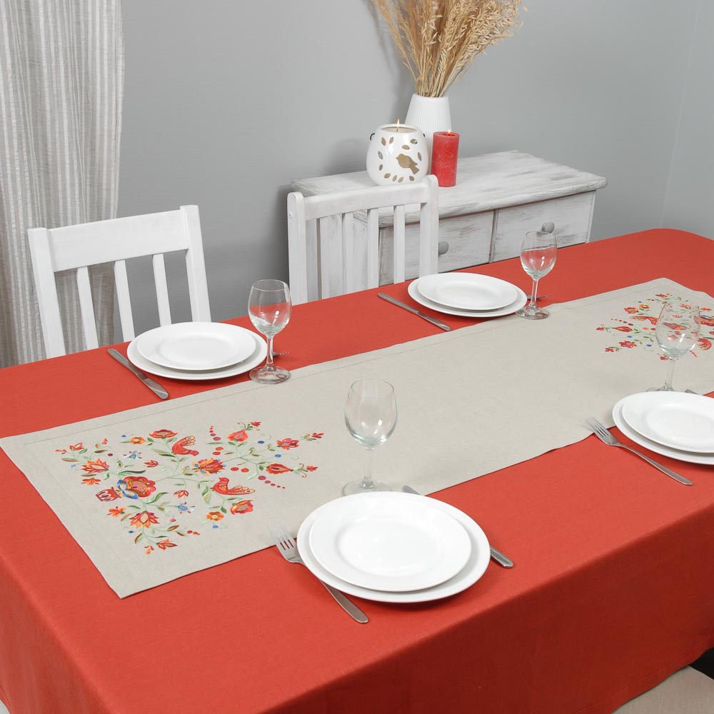 Tree of Life Embroidered Gray Tablecloth 140x40 Ukrainian Design