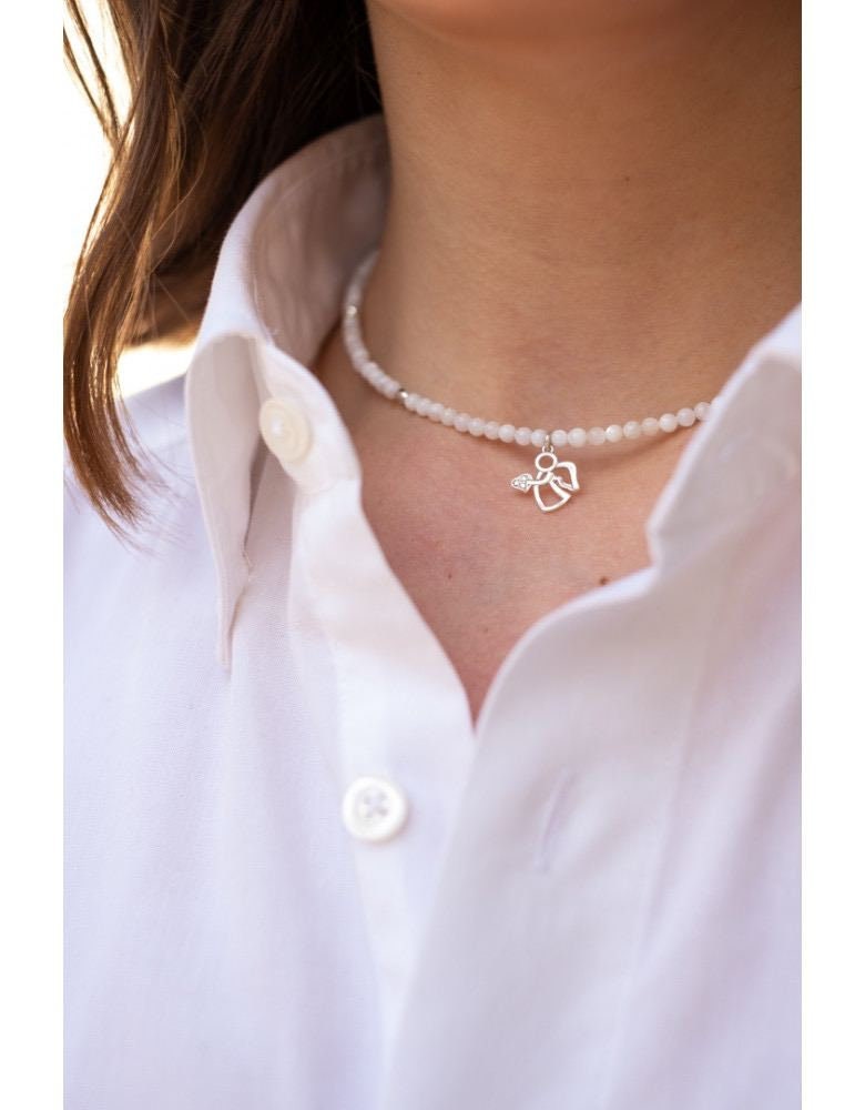 White Beaded Angel Necklace, Silver Angel Charm Necklace, Dainty White Choker, Guardian Angel Jewelry, Gift for Her, Minimalist Necklace