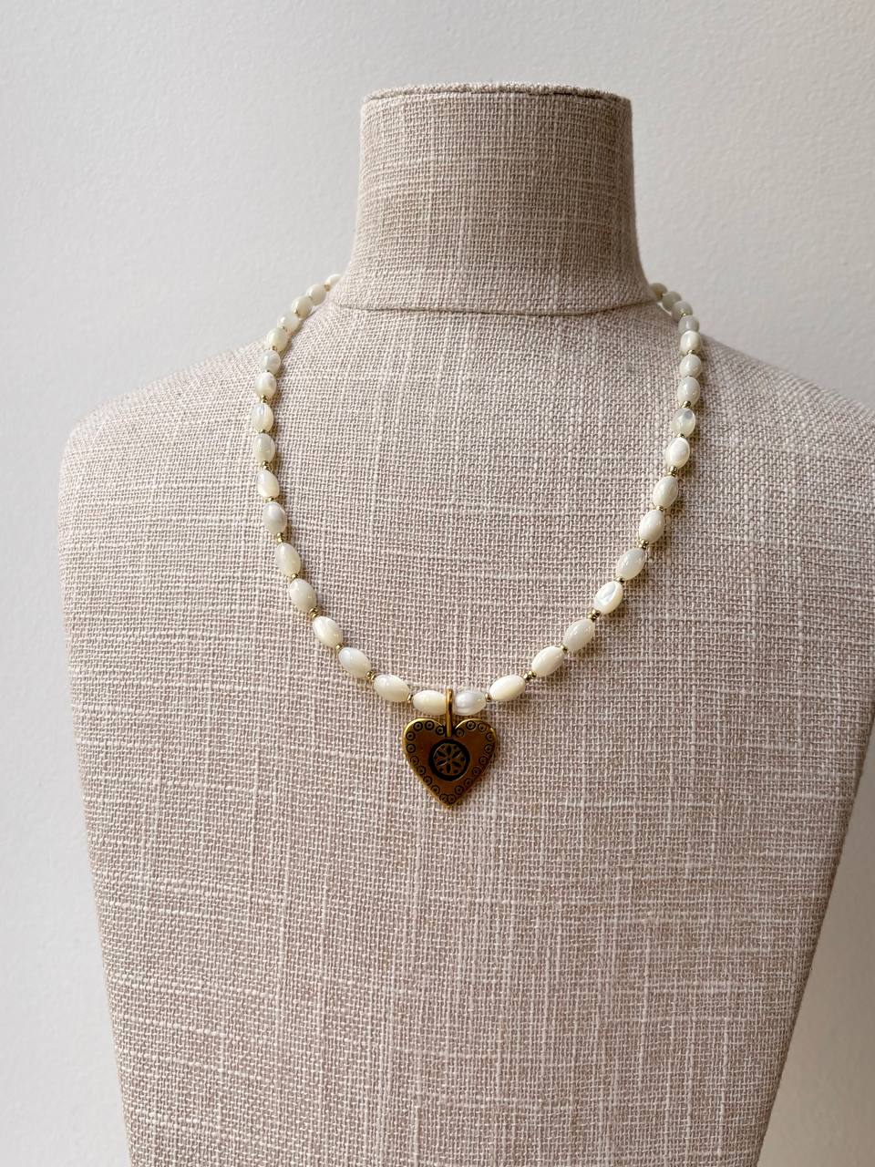White Pearl Beaded Necklace Heart Charm, Handmade Romantic Necklace, Minimalist Pearl Jewelry, Gift for Her
