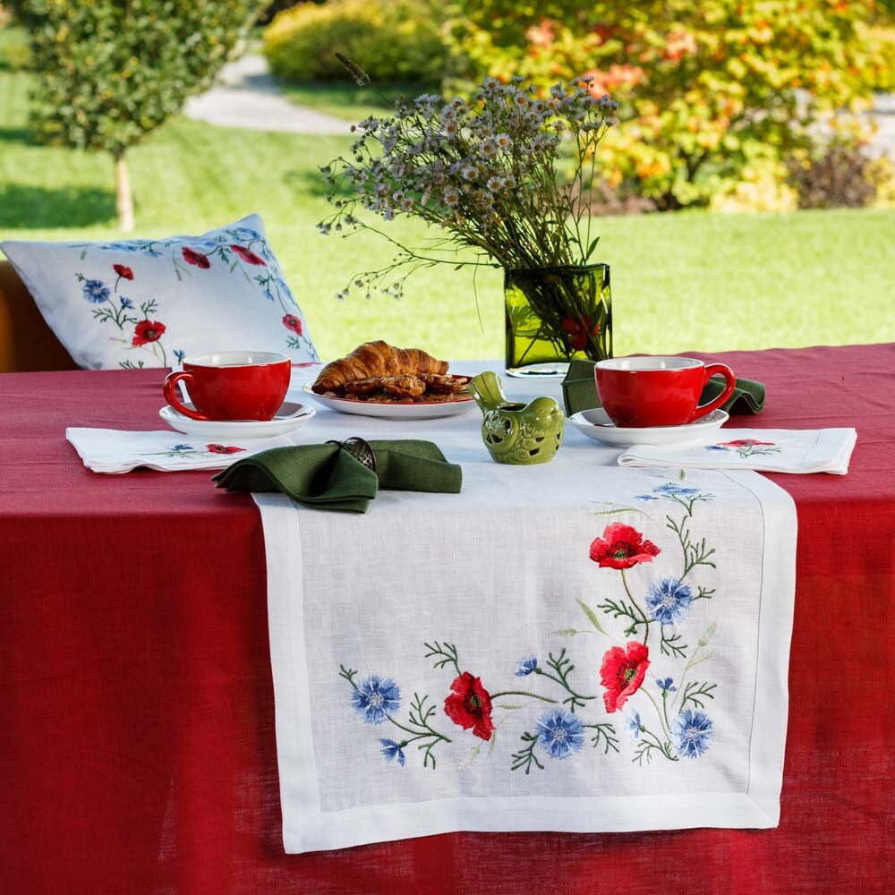 White Runner Poppies Tablecloth