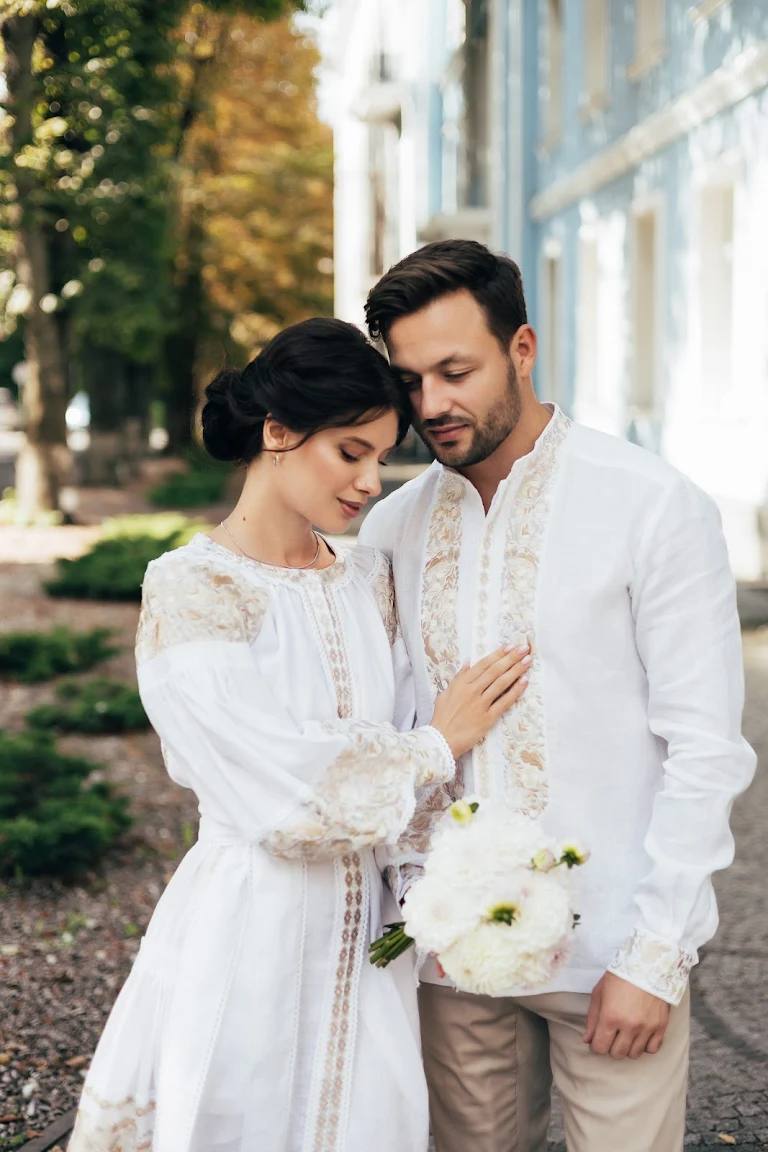 White Wedding Embroidered Dress Ukrainian Traditional Ethnic Boho