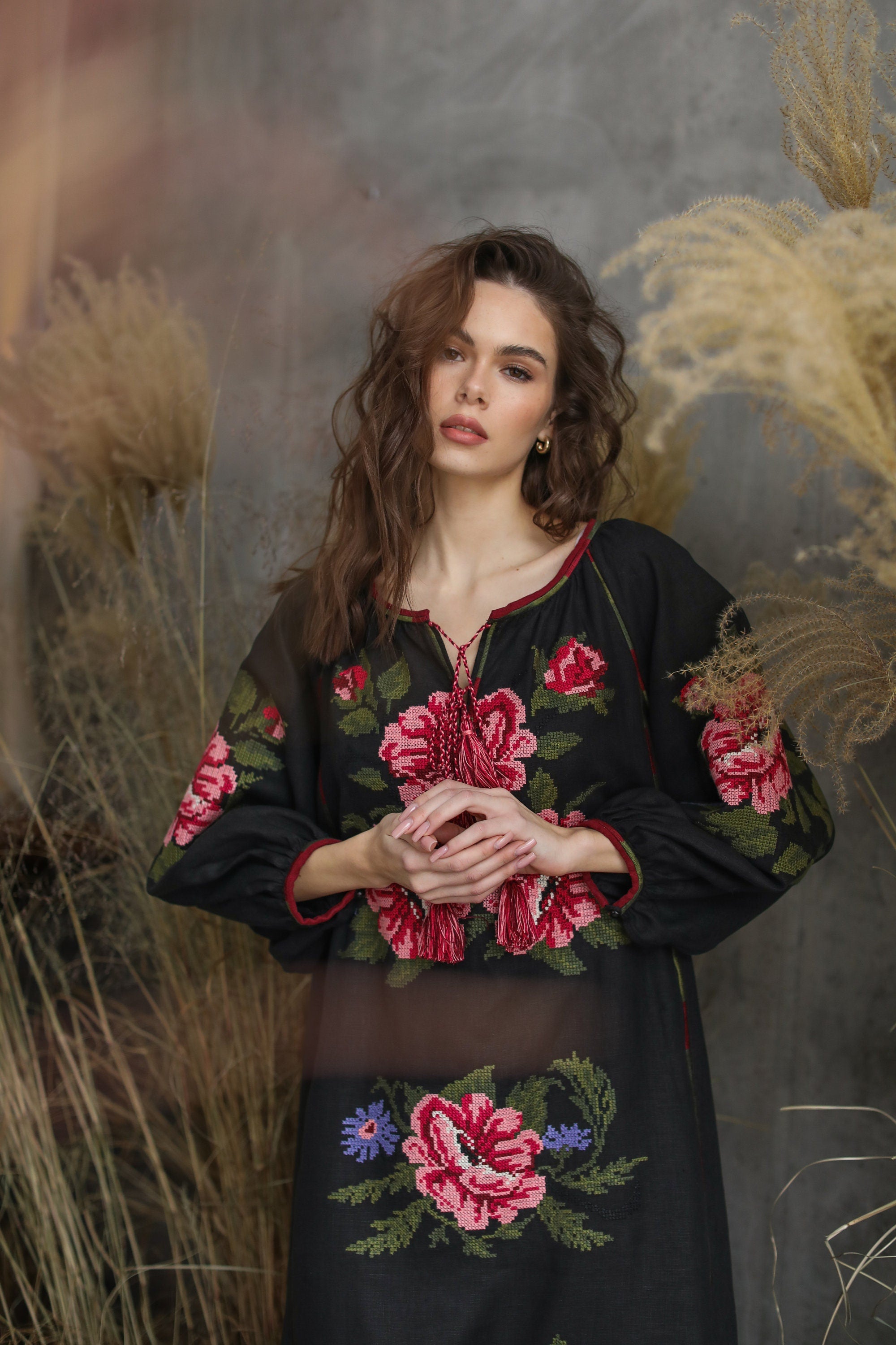 black with pink floral embroidered dress