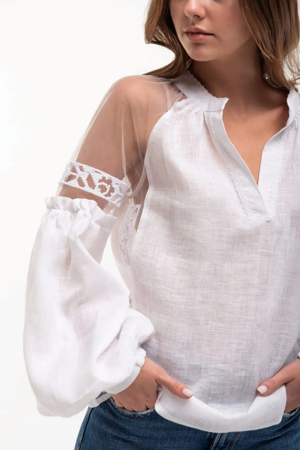 White on white Blouse Embroidered Ukrainian Vyshyvanka Linen Women's Blouse
