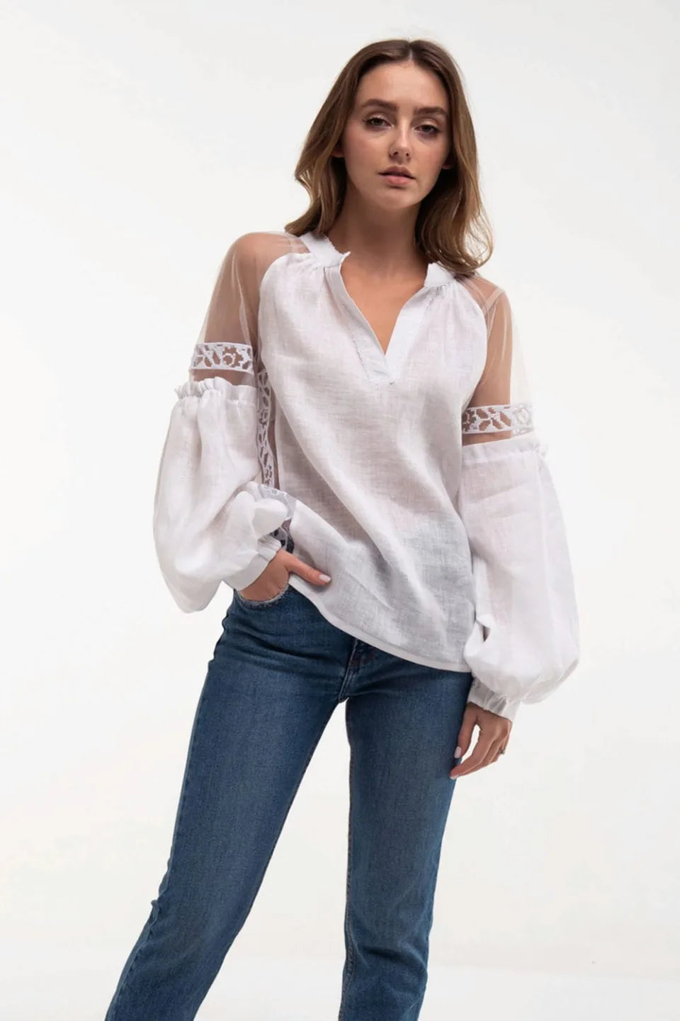 White on white Blouse Embroidered Ukrainian Vyshyvanka Linen Women's Blouse