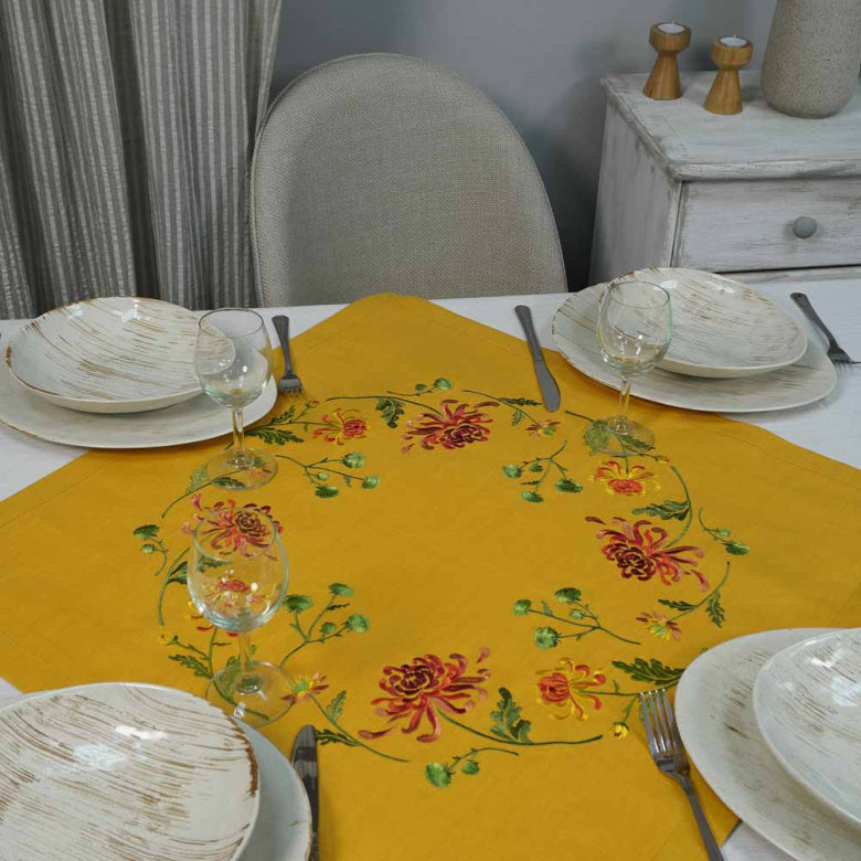 Tablecloth 65*65 СМ Embroidered Chrysanthemums (mustard linen) Christmas Gift Ukrainian