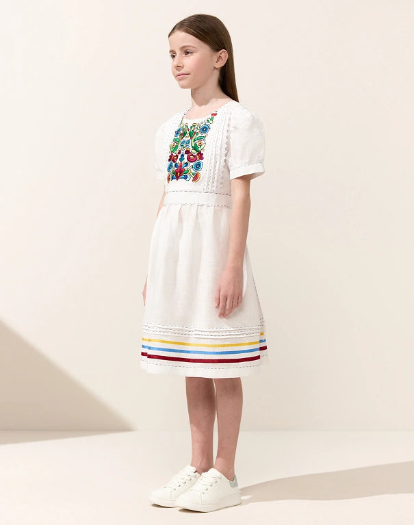 Orysia girls' dress white linen and colorful tambour embroidery Embroidered dress