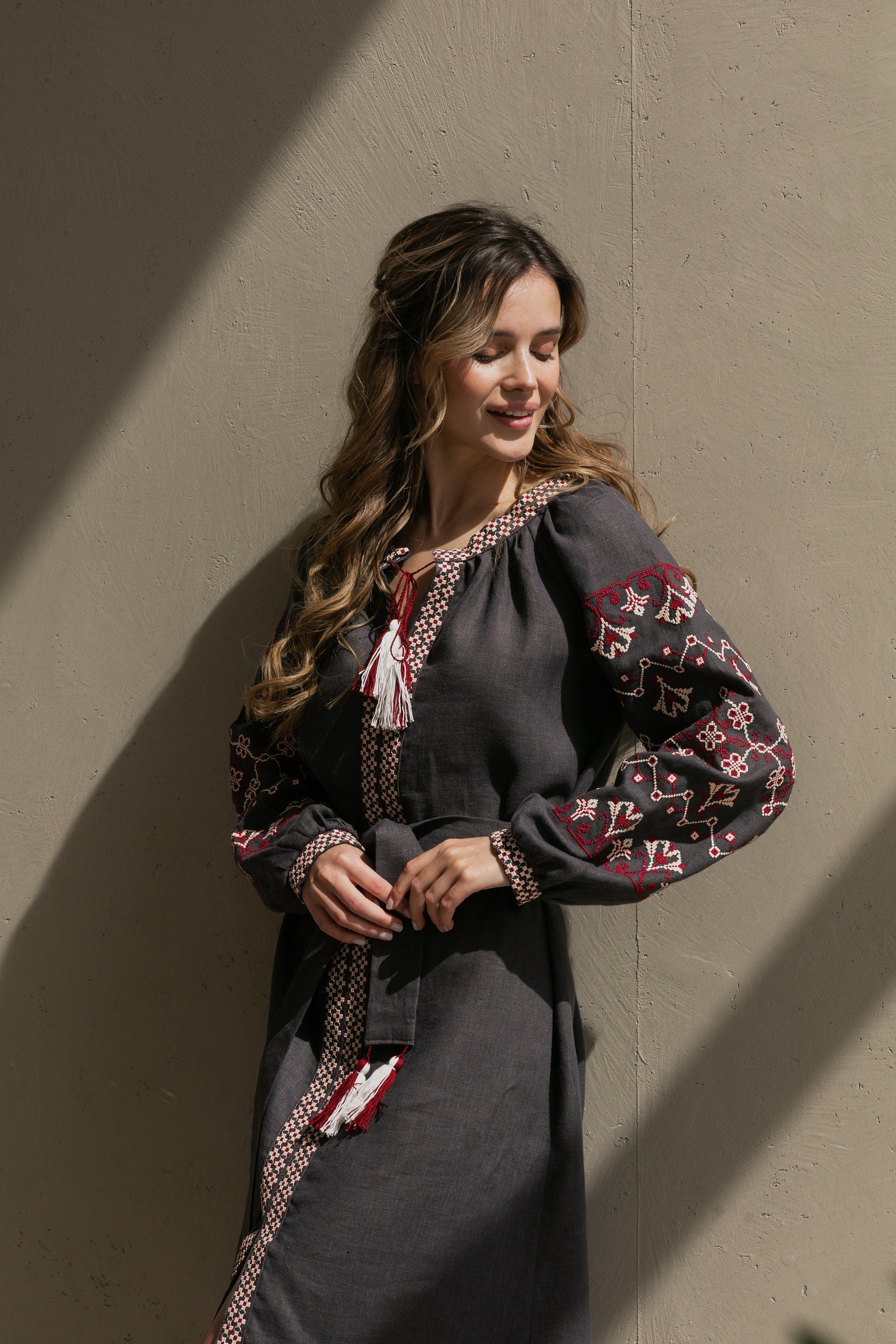 gray linen dress with Ukrainian embroidered