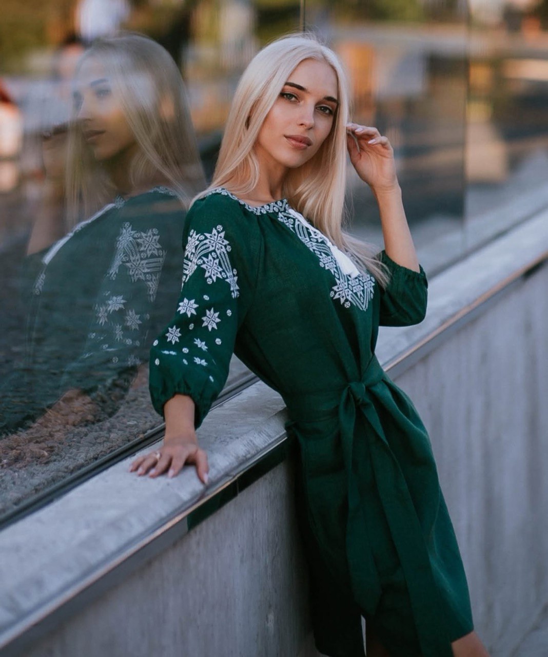 green linen dress with white embroidered vyshyvanka