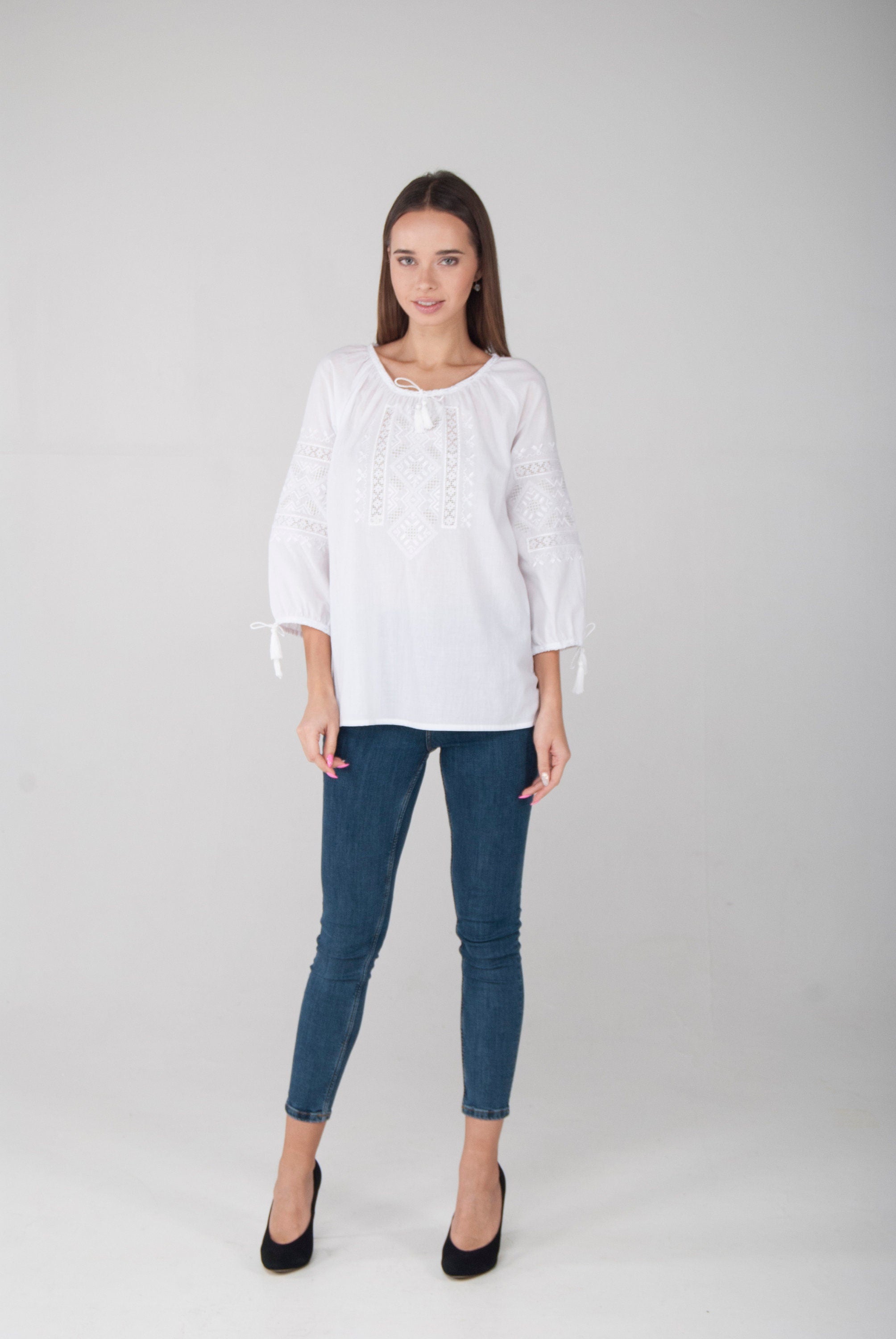 Ukrainian Vyshyvanka Blouse - White Embroidered Bohemian Ethnic Shirt